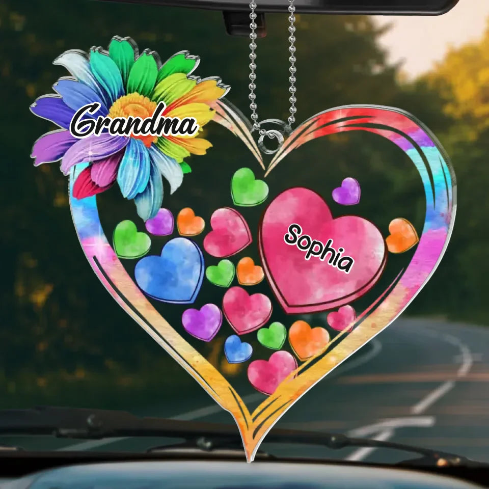 A Grandma’s Heart Is Where The Most Beautiful Flowers Grow - Family Personalized Custom Car Ornament - Acrylic Custom Shaped - Gift For Mom, Grandma