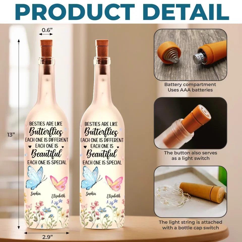 Like Butterflies, We Rise, Transform, And Shine - Bestie Personalized Custom Bottle Lamp - Gift For Best Friends, BFF, Sisters