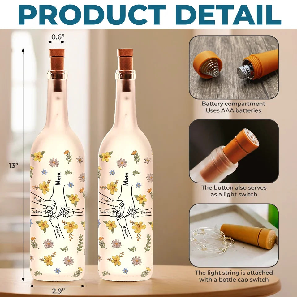 The Hands That Held Mine Taught Me Strength And Kindness - Family Personalized Custom Bottle Lamp - Gift For Mom, Grandma