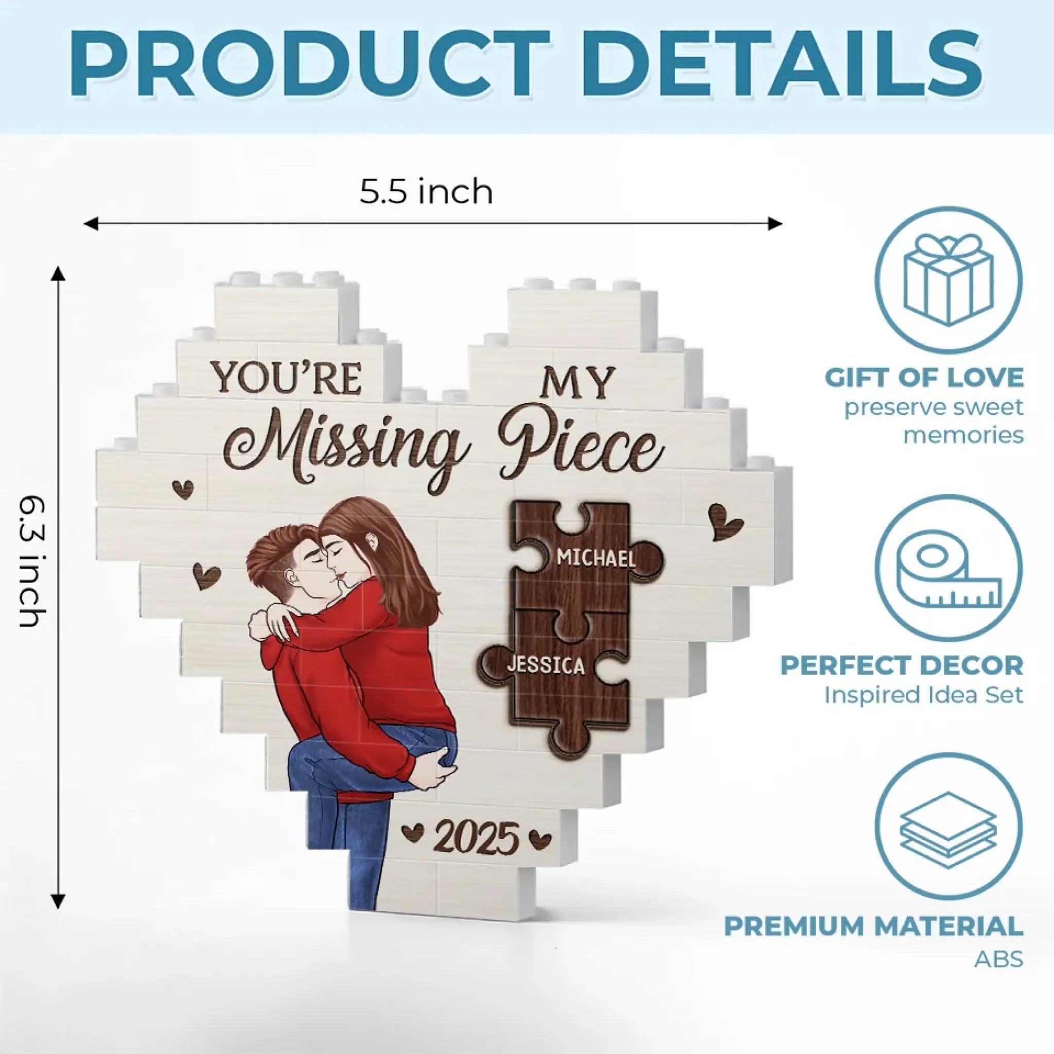 You're My Missing Piece - Couple Personalized Custom Heart Shaped Building Brick Blocks - Gift For Husband Wife, Anniversary