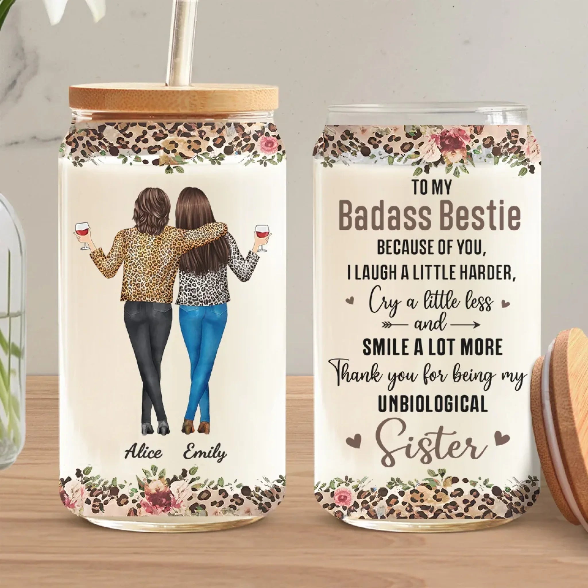 Sisterhood Is Powerful - Bestie Personalized Custom Glass Cup, Iced Coffee Cup - Gift For Best Friends, BFF, Sister
