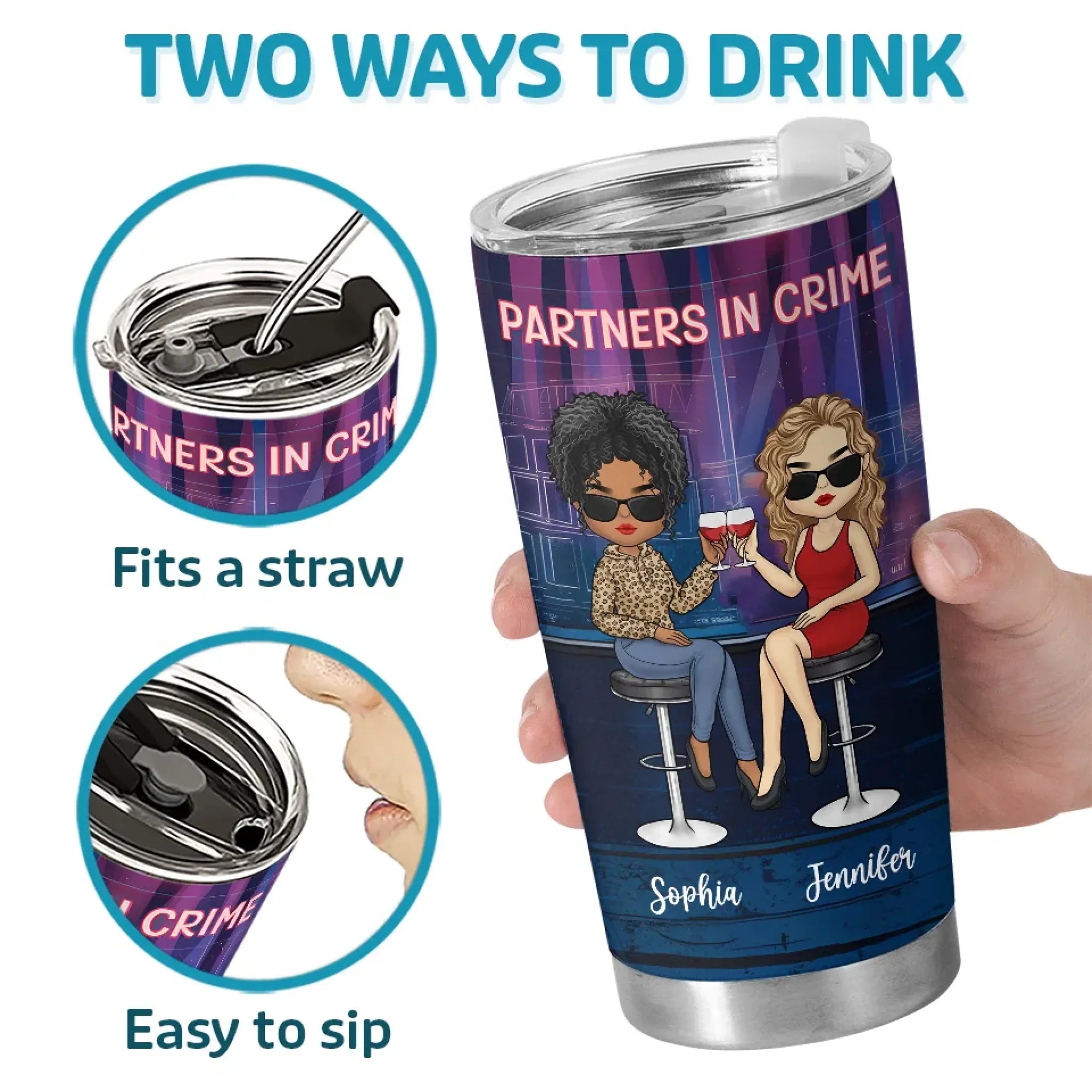 Partners In Crime And Cocktails - Bestie Personalized Custom Tumbler - Gift For Best Friends, BFF, Sisters