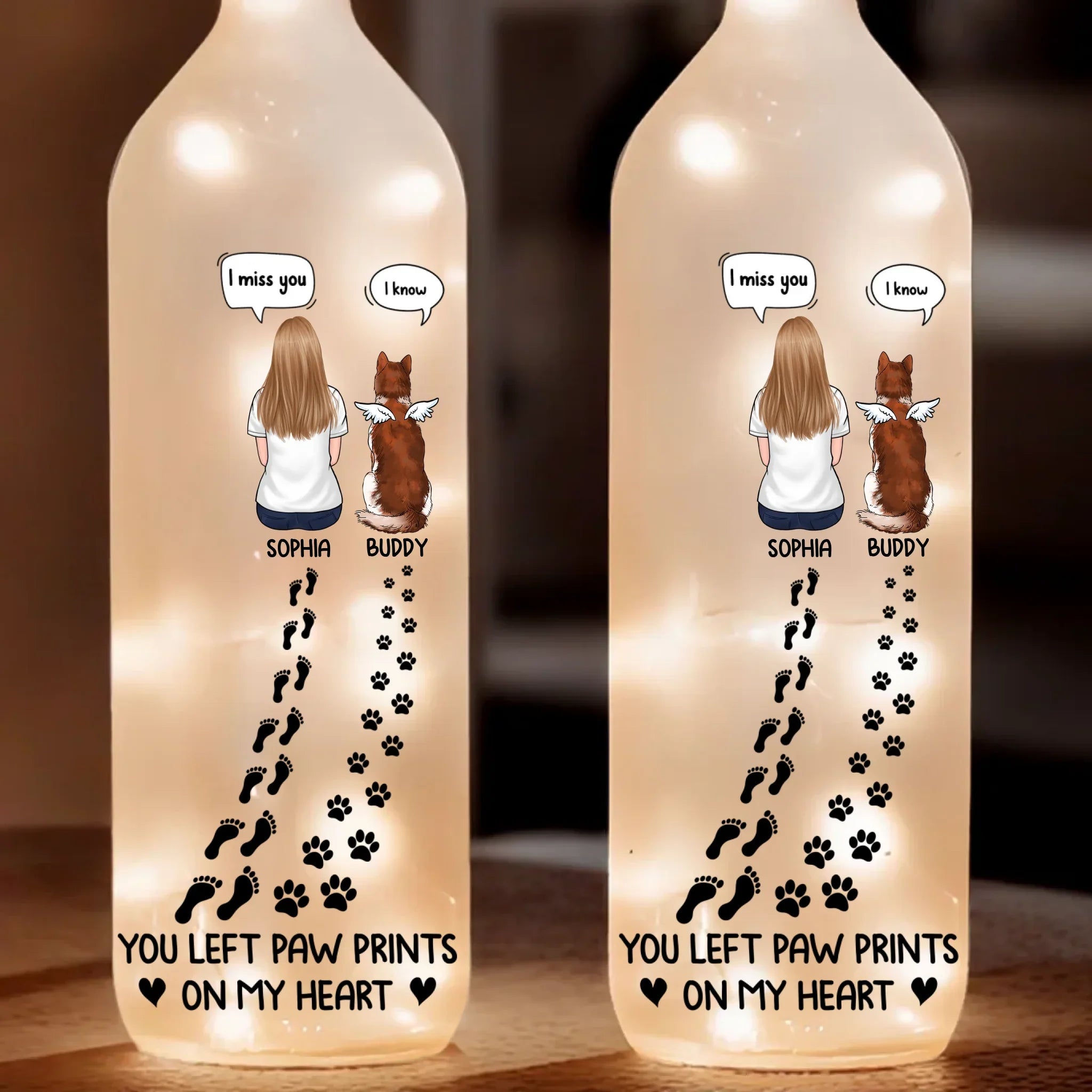 You Left Paw Prints On My Heart - Memorial Personalized Custom Bottle Lamp - Sympathy Gift For Pet Owners, Pet Lovers