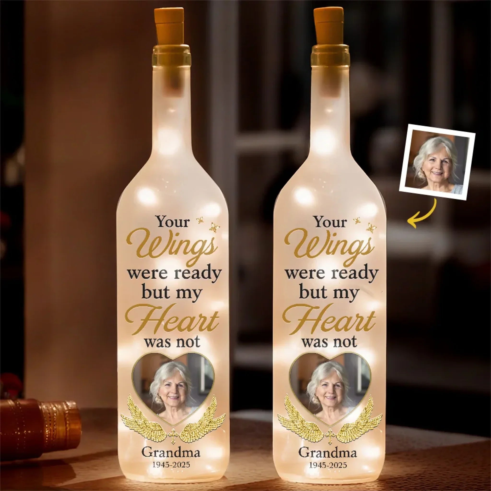 Custom Photo Your Wings Were Ready But Our Hearts Were Not - Memorial Personalized Custom Bottle Lamp - Sympathy Gift For Family Members