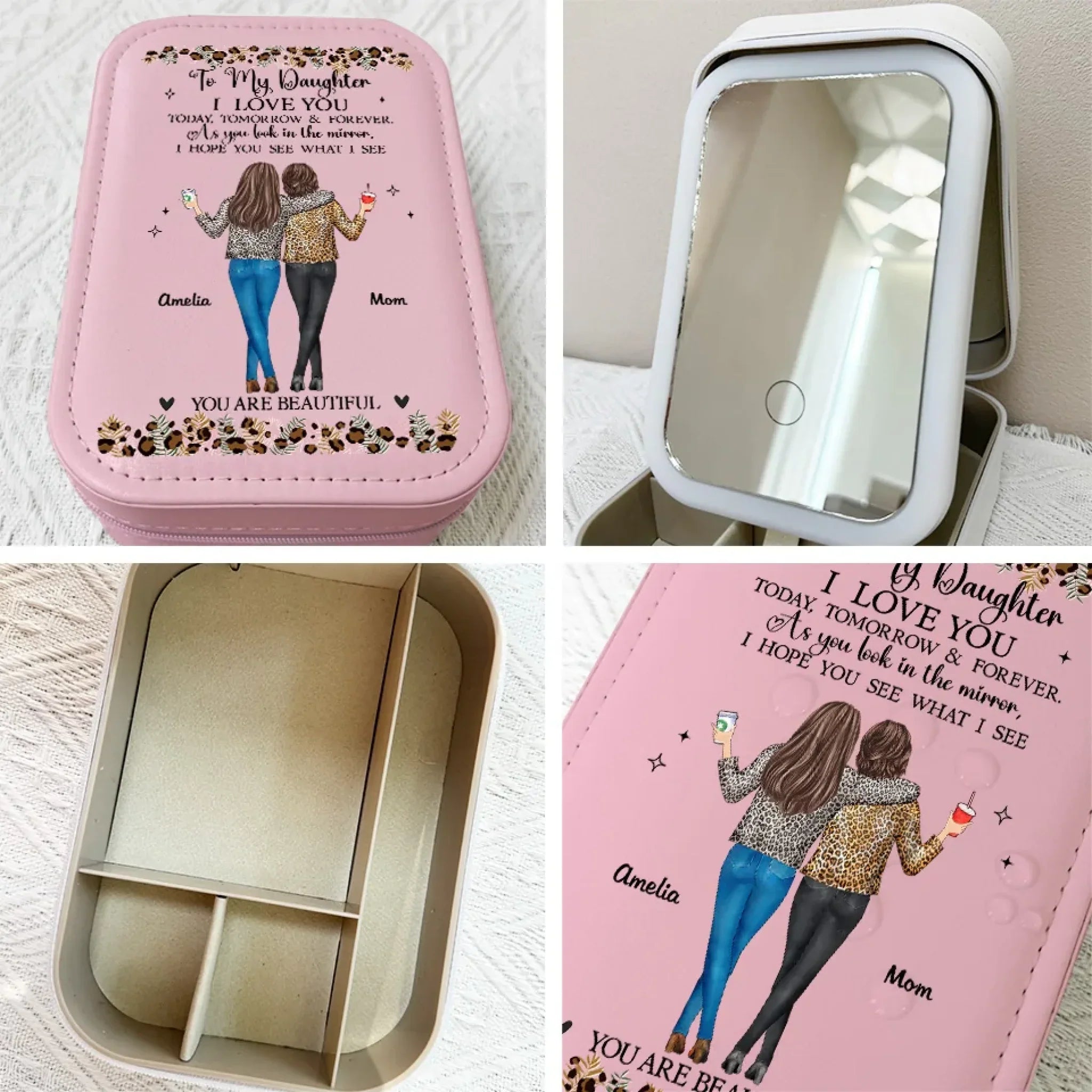 To My Daughter - Family Personalized Custom Jewelry Box LED Makeup - Gift For Mom, Daughter