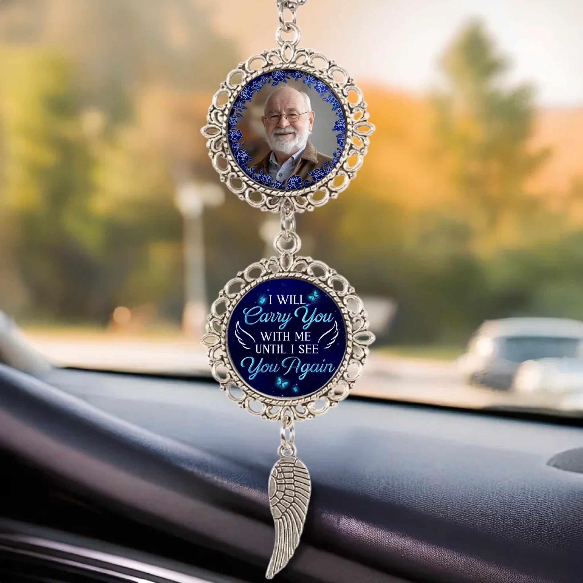 Custom Photo In My Heart, We Never Say Goodbye - Memorial Personalized Custom Metal Car Hanging Ornament With Charm - Sympathy Gift For Family Members