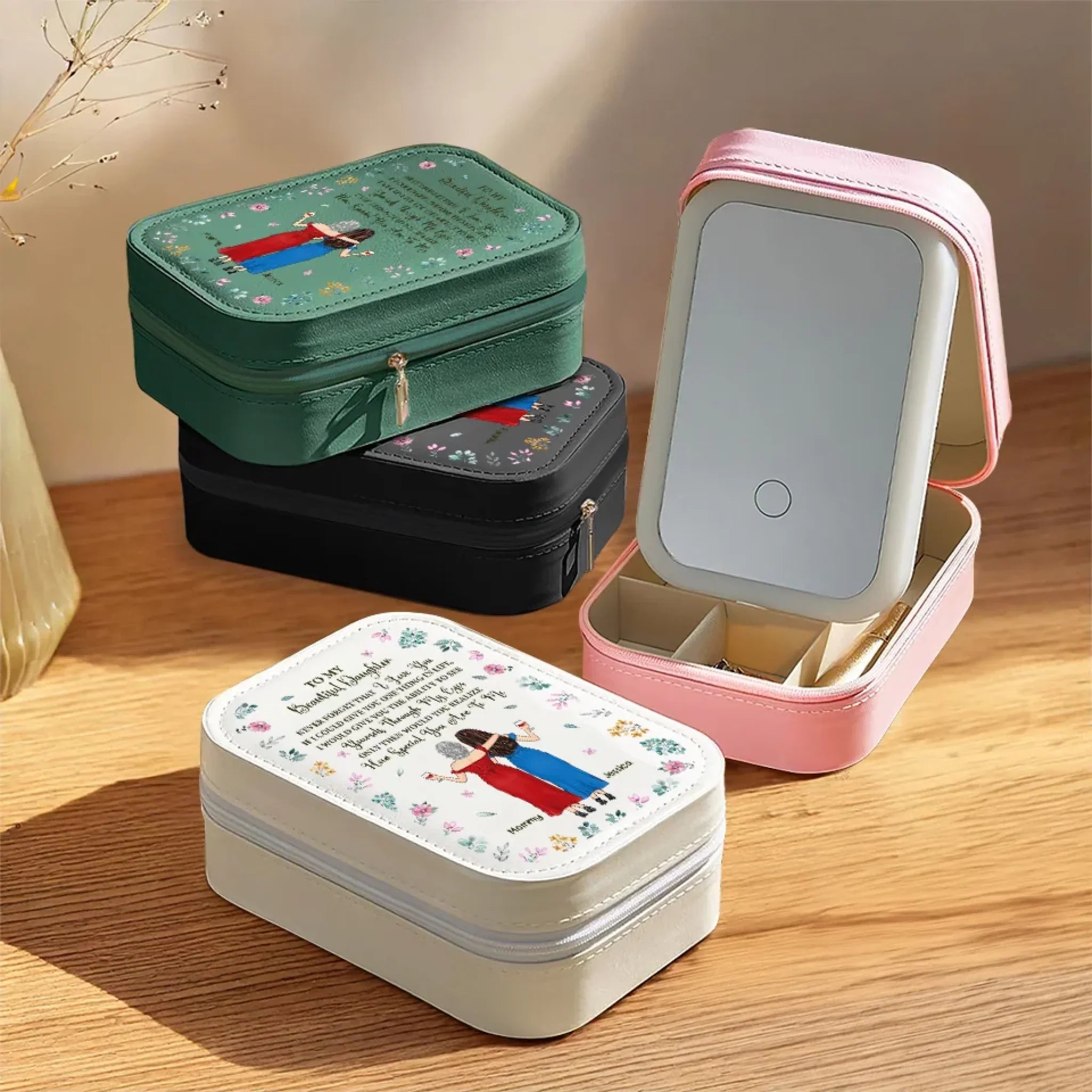 Never Forget That I Love You - Family Personalized Custom Jewelry Box LED Makeup - Gift For Mom, Daughter