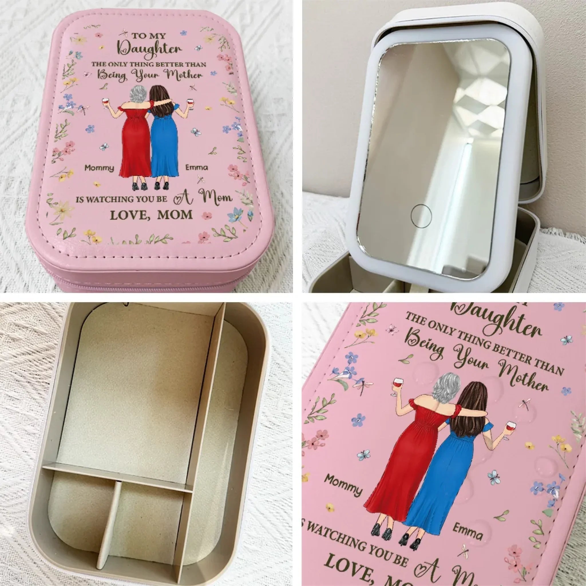 A Mother’s Treasure Is Her Daughter - Family Personalized Custom Jewelry Box LED Makeup - Mother's Day, Gift For Mom, Daughter
