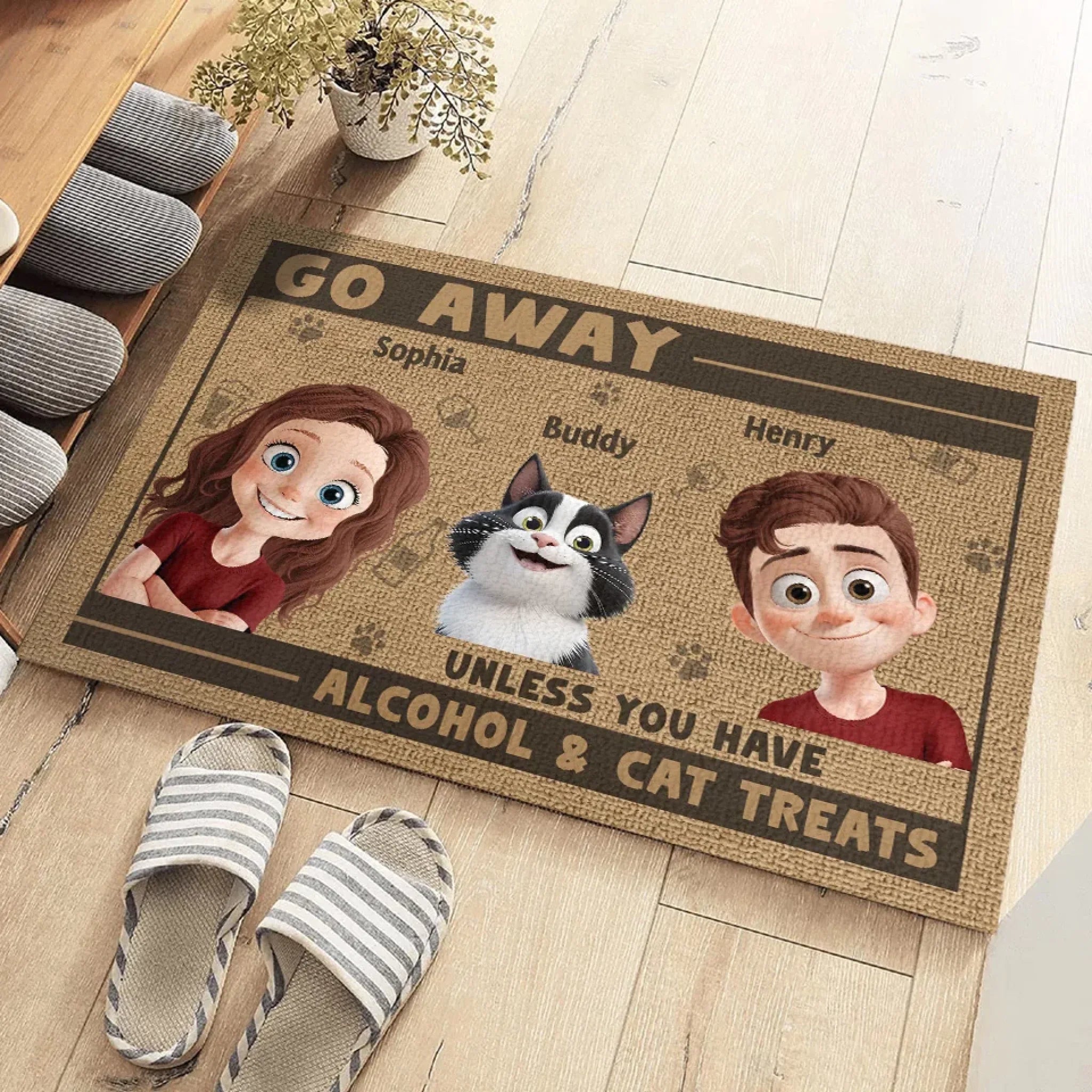 Go Away, Unless You Have Treats For The Boss - Couple Personalized Custom Home Decor Decorative Mat - House Warming Gift For Husband Wife, Anniversary, Pet Owners, Pet Lovers