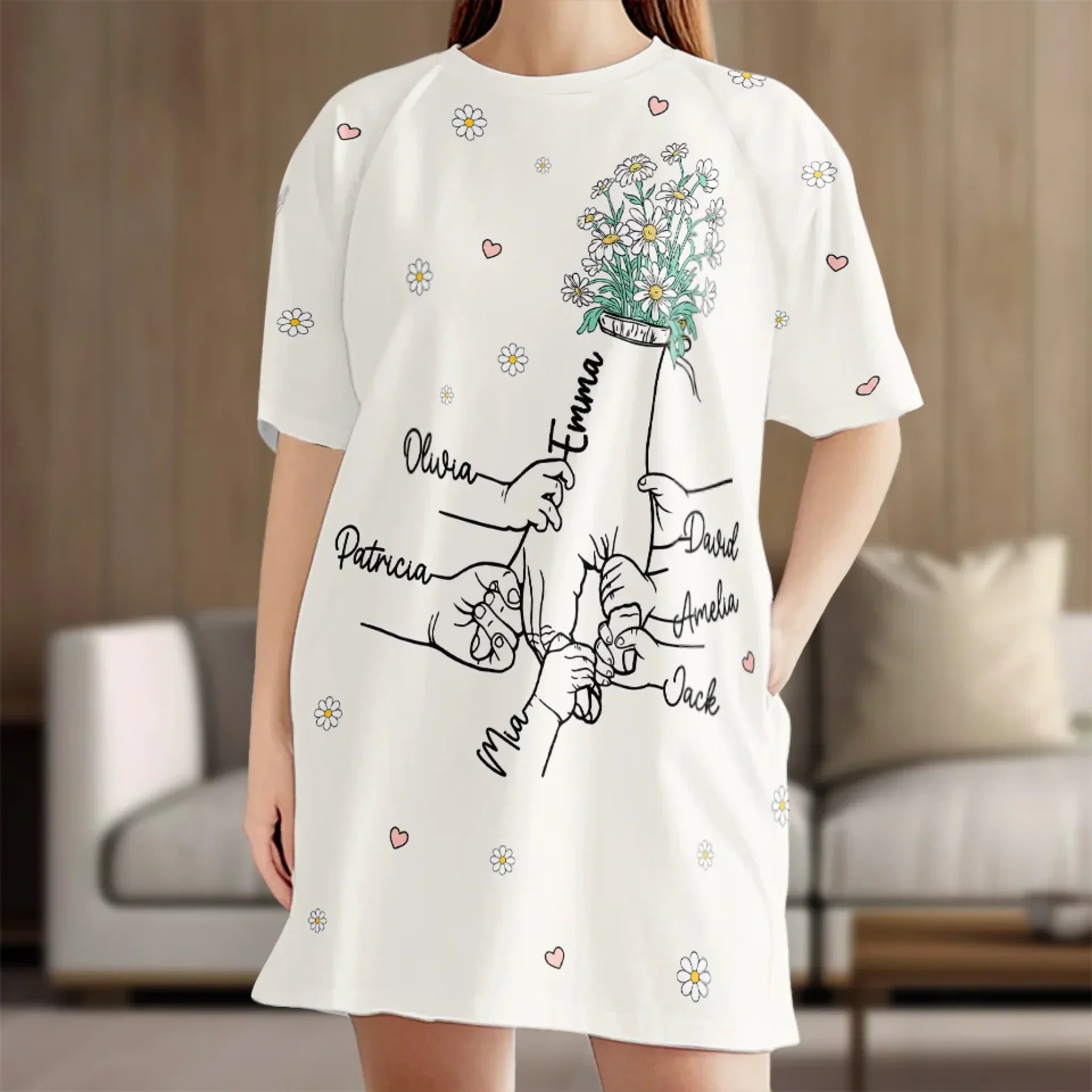 Hand In Hand, Heart To Heart - Family Personalized Custom Women's Sleep Tee - Mother's Day Gift For Mom, Grandma