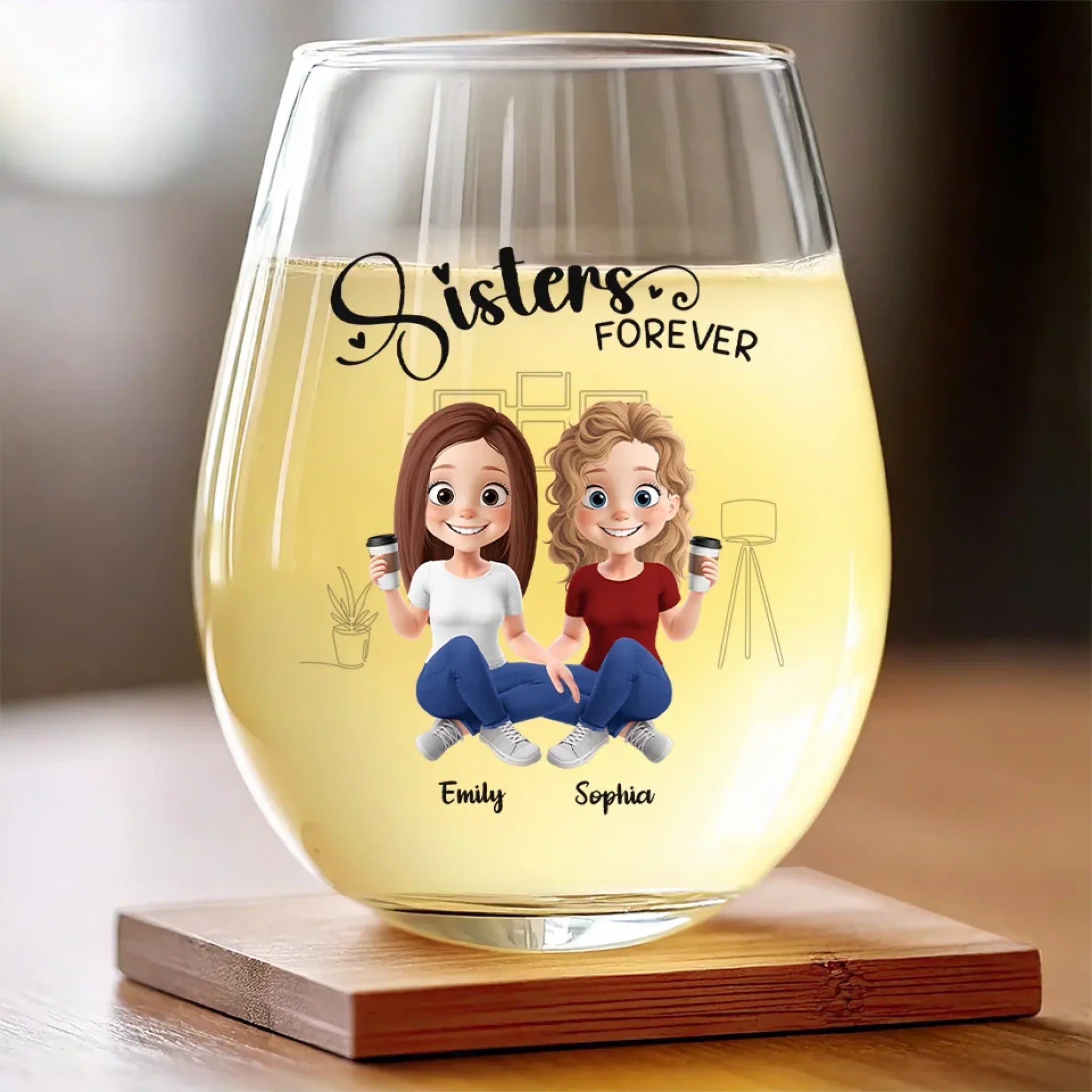 Sisters Forever - Bestie Personalized Custom Wine Glass - Gift For Best Friends, BFF, Sisters