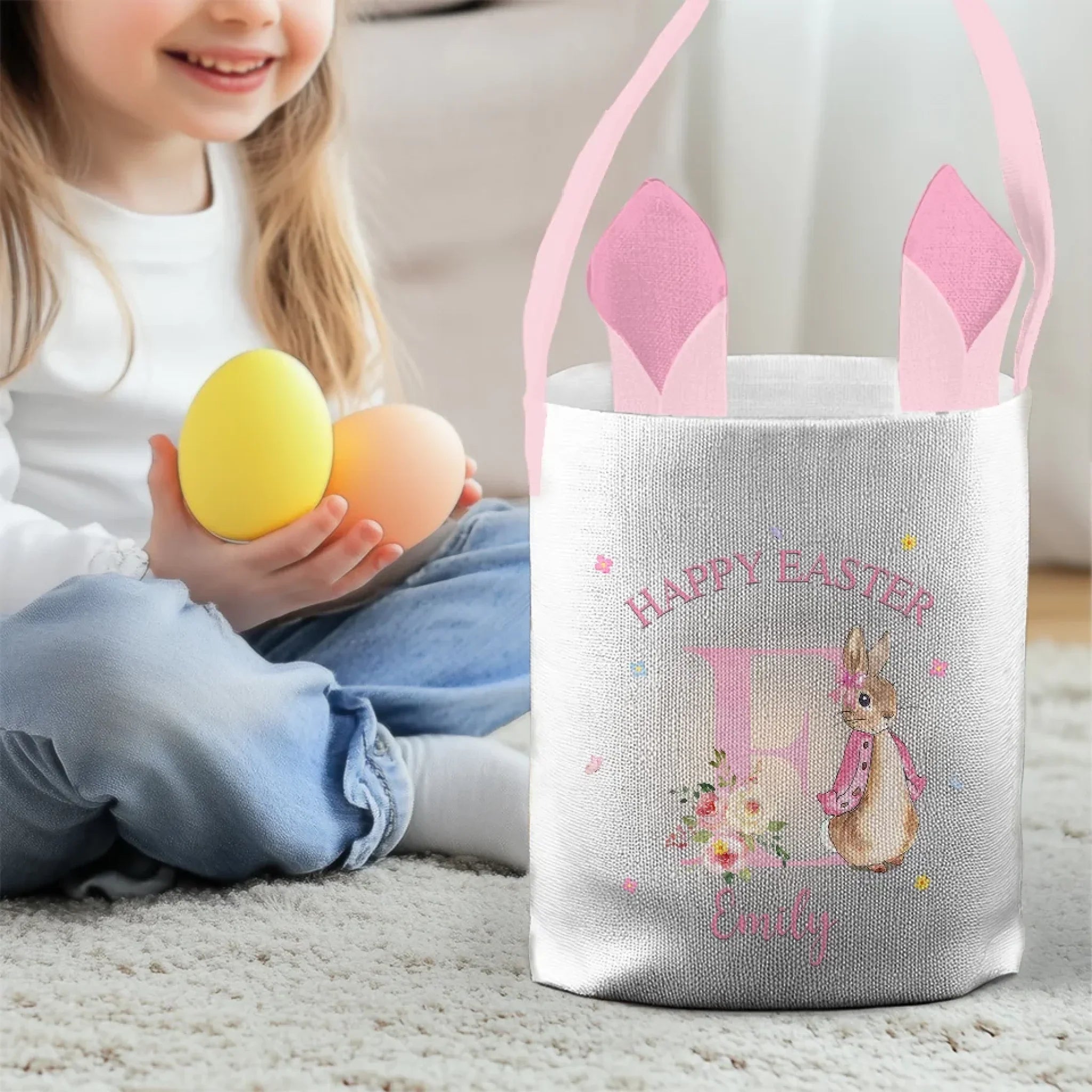 Springtime Magic, One Hop At A Time - Family Personalized Custom Bunny Basket, Tote With Bunny Ears - Easter Gift For Kids Egg Hunt, Family Members