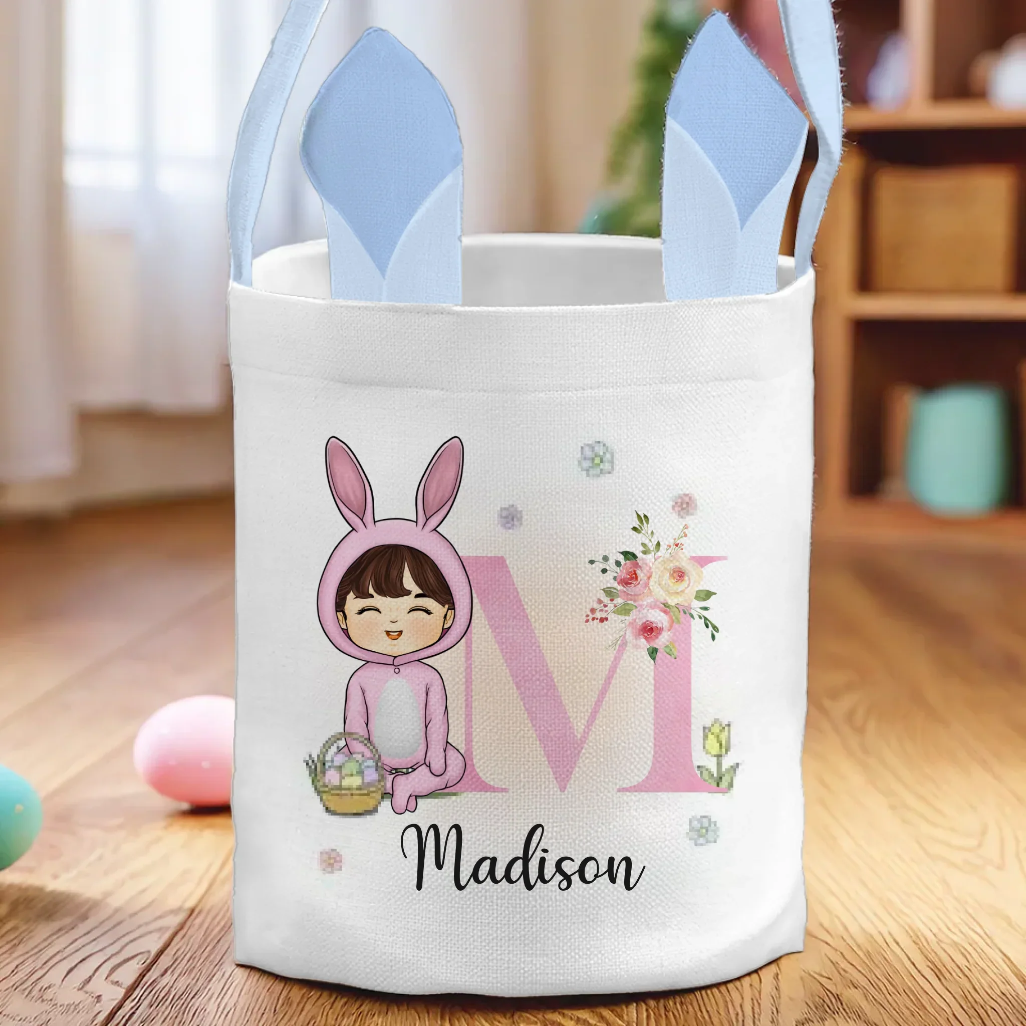Hoppy Easter, Little Bunny - Family Personalized Custom Bunny Basket, Tote With Bunny Ears - Easter Gift For Kids Egg Hunt, Family Members