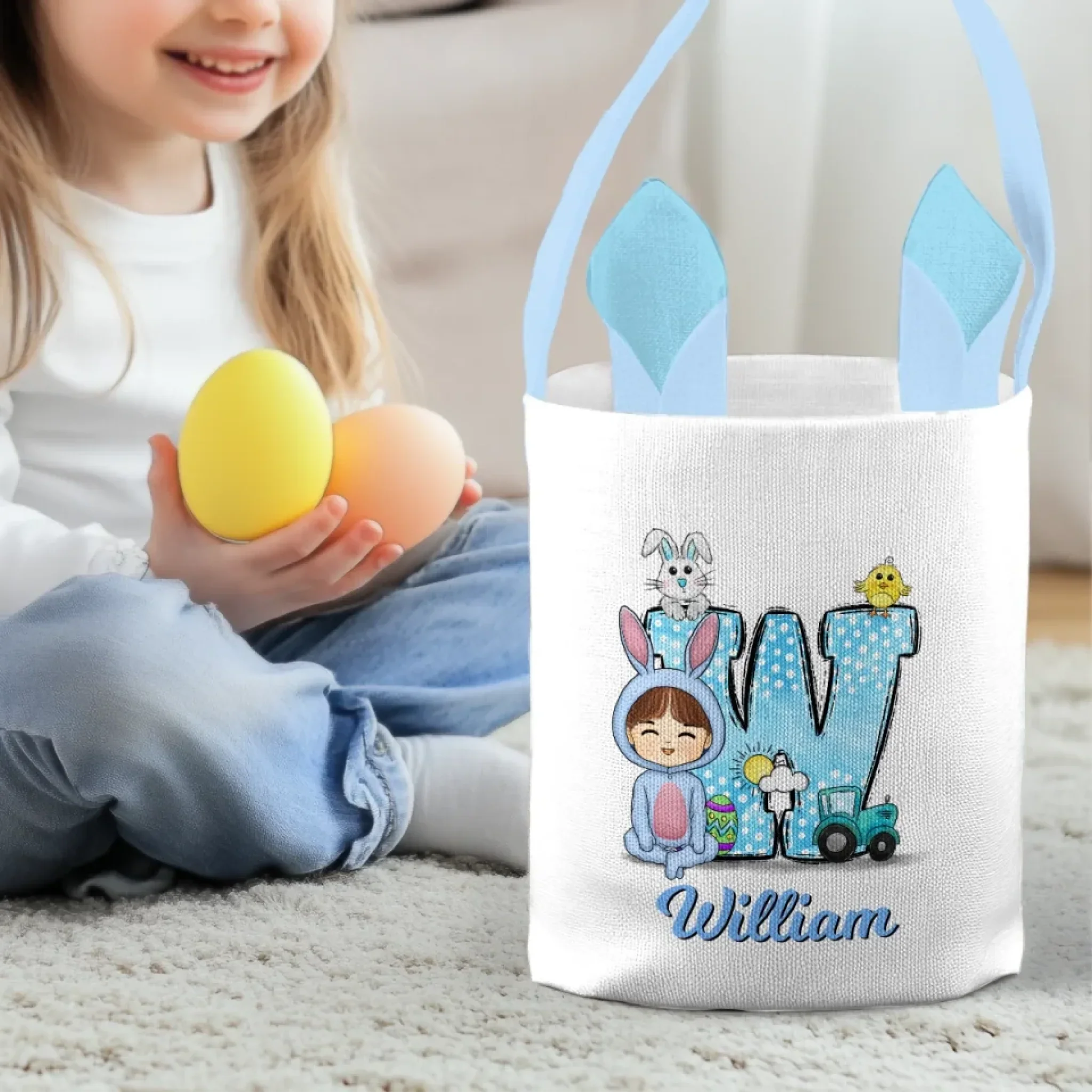 Little Bunny, Big Easter Joy - Family Personalized Custom Bunny Basket, Tote With Bunny Ears - Easter Gift For Kids Egg Hunt, Family Members
