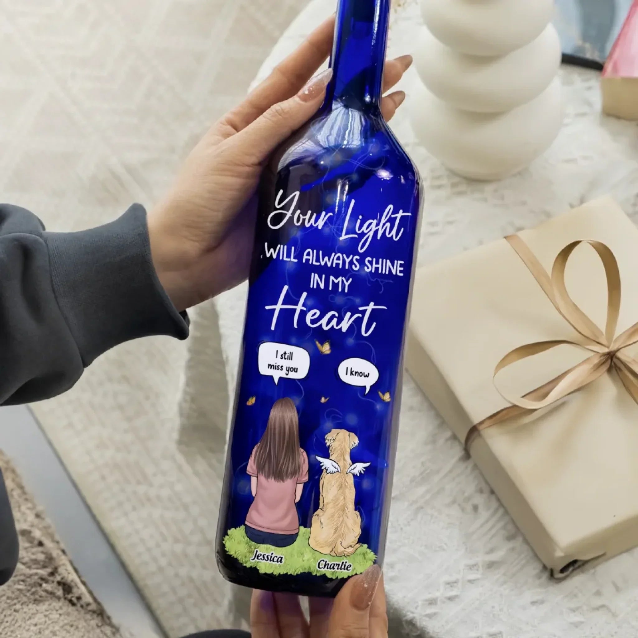 Your Love Still Shines Bright - Memorial Personalized Custom Blue Bottle Lamp - Sympathy Gift For Pet Owners, Pet Lovers