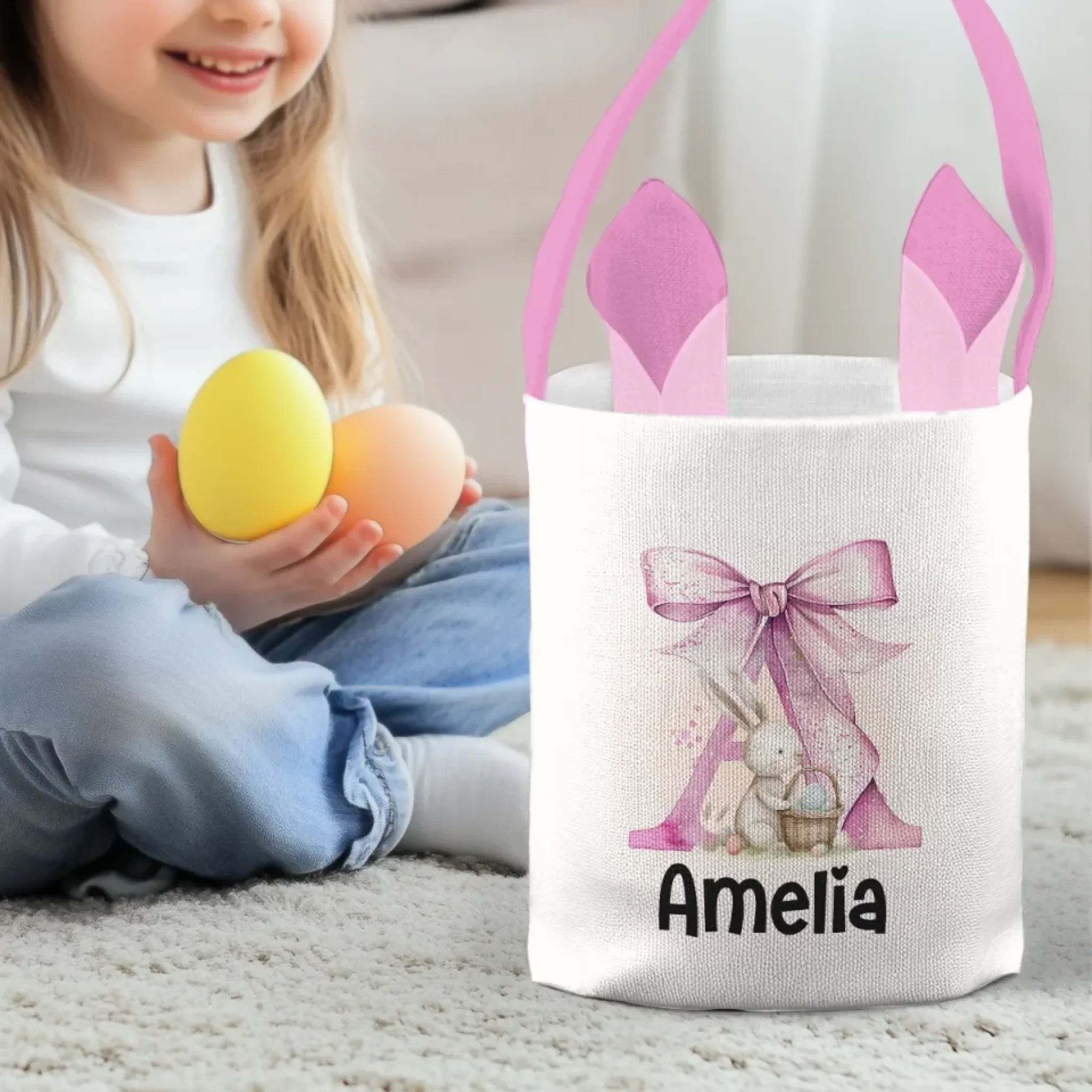 Bunny Kisses And Easter Wishes - Family Personalized Custom Bunny Basket, Tote With Bunny Ears - Easter Gift For Kids Egg Hunt, Family Members