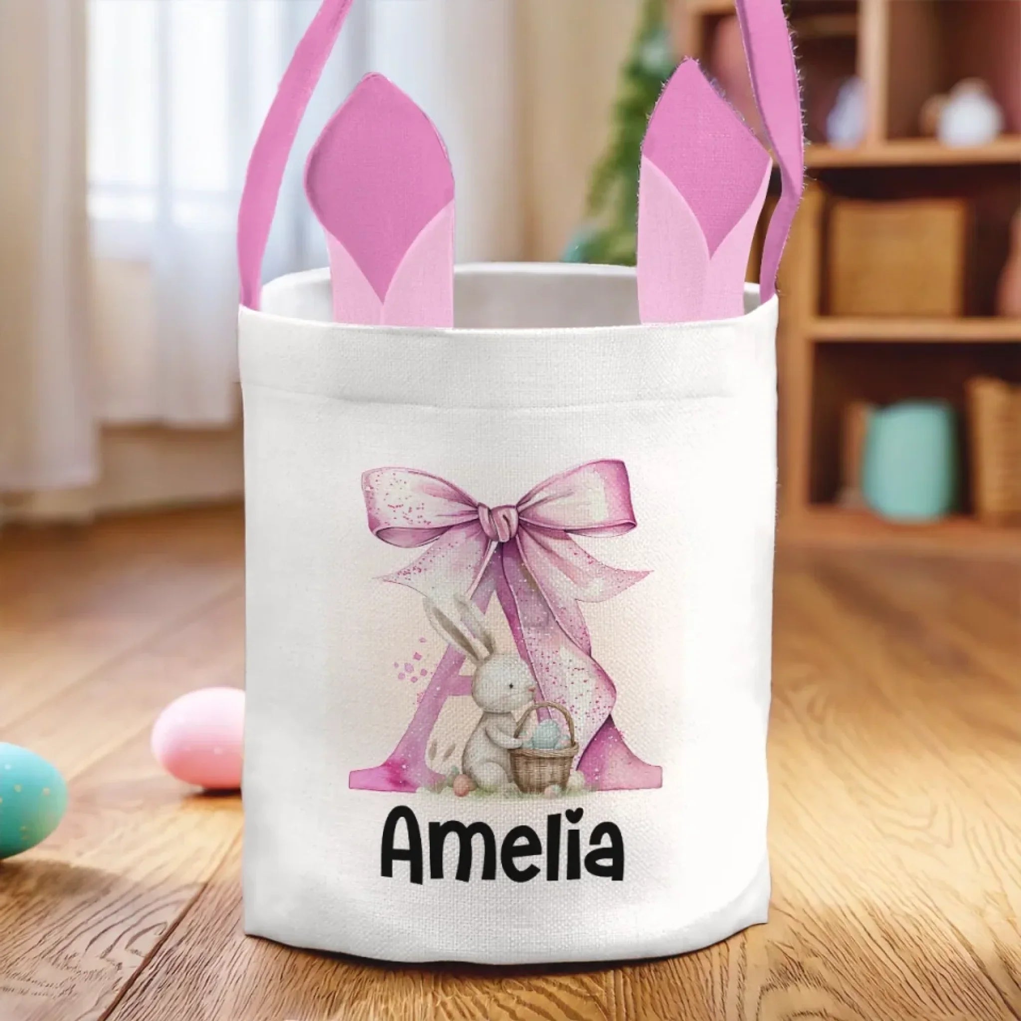 Bunny Kisses And Easter Wishes - Family Personalized Custom Bunny Basket, Tote With Bunny Ears - Easter Gift For Kids Egg Hunt, Family Members