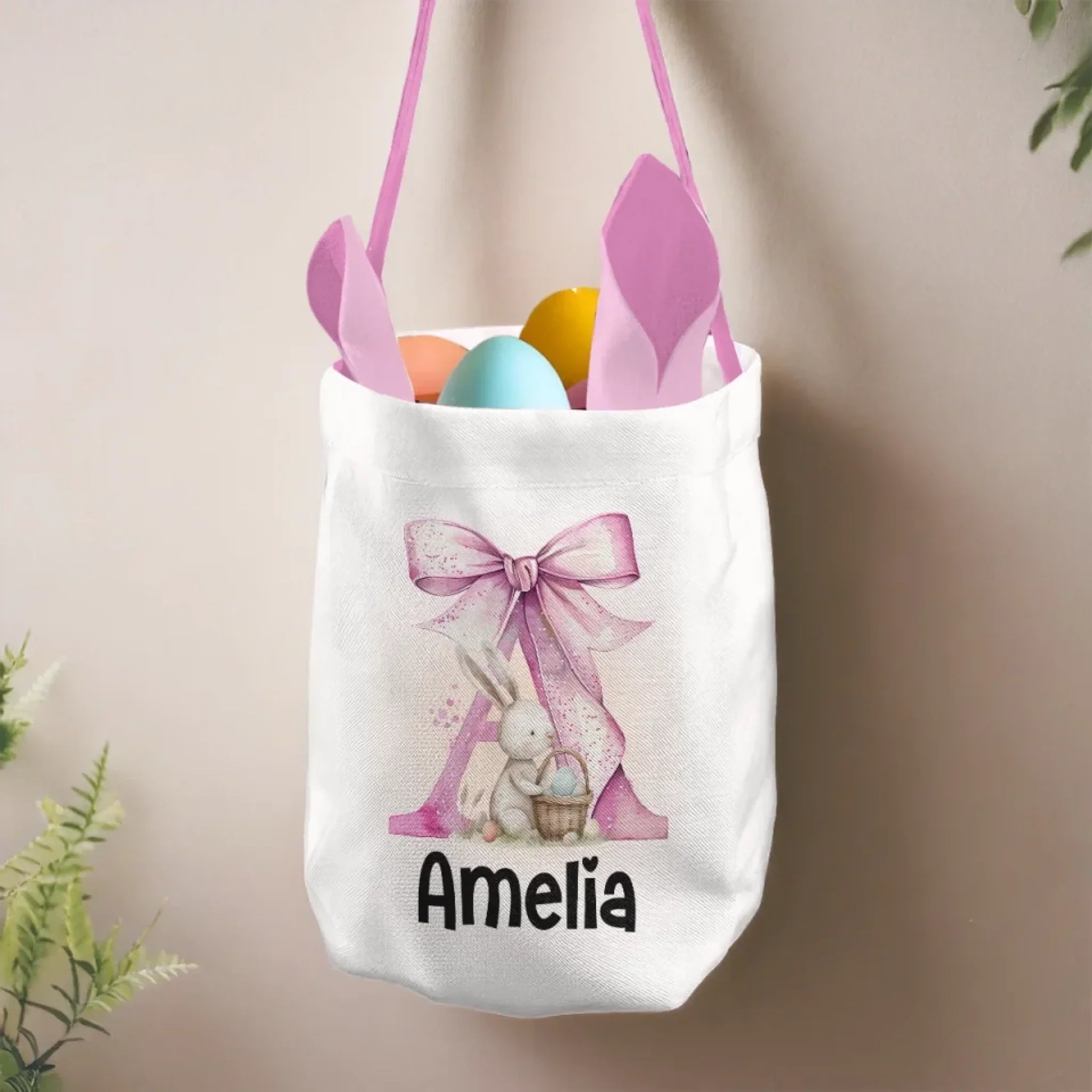 Bunny Kisses And Easter Wishes - Family Personalized Custom Bunny Basket, Tote With Bunny Ears - Easter Gift For Kids Egg Hunt, Family Members