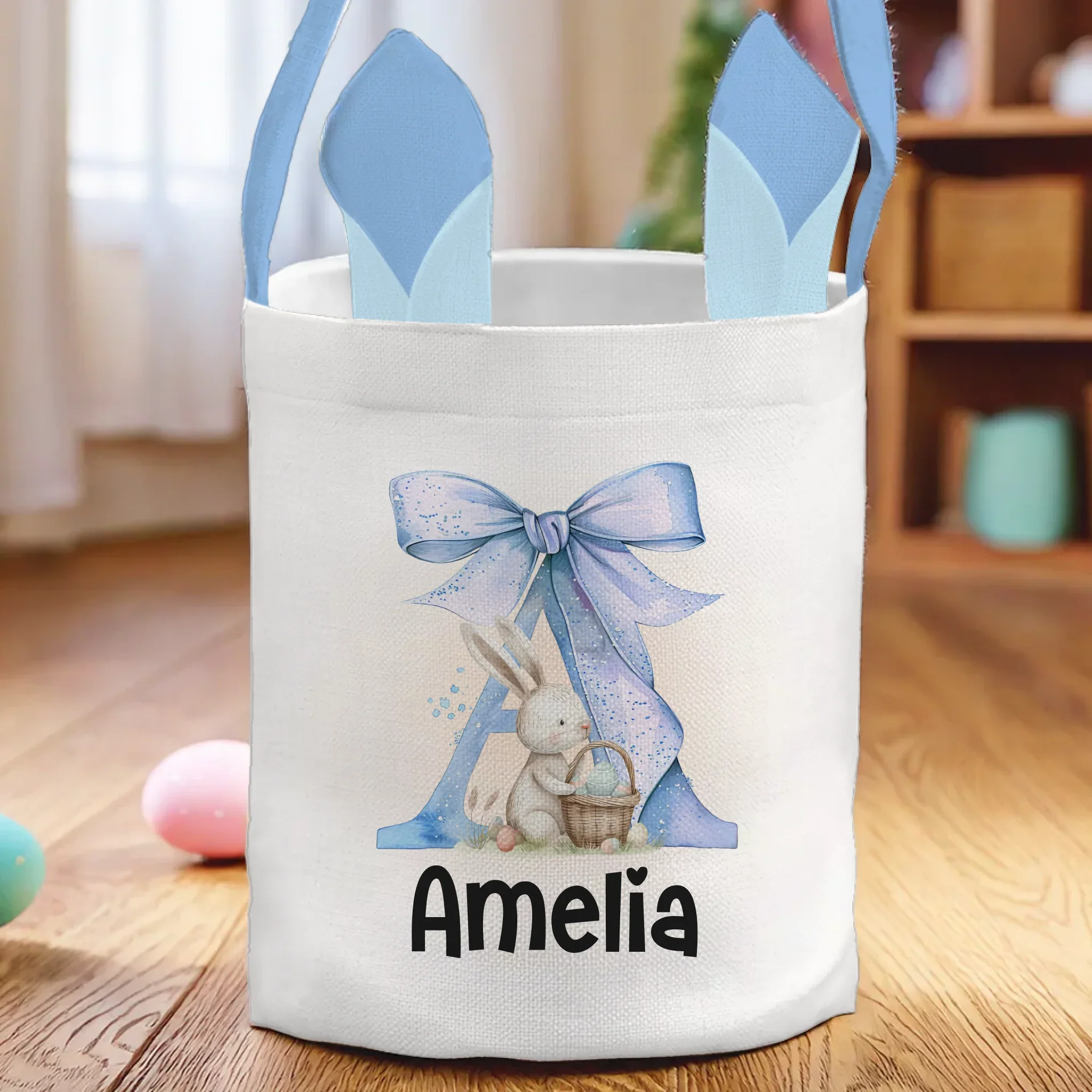Bunny Kisses And Easter Wishes - Family Personalized Custom Bunny Basket, Tote With Bunny Ears - Easter Gift For Kids Egg Hunt, Family Members