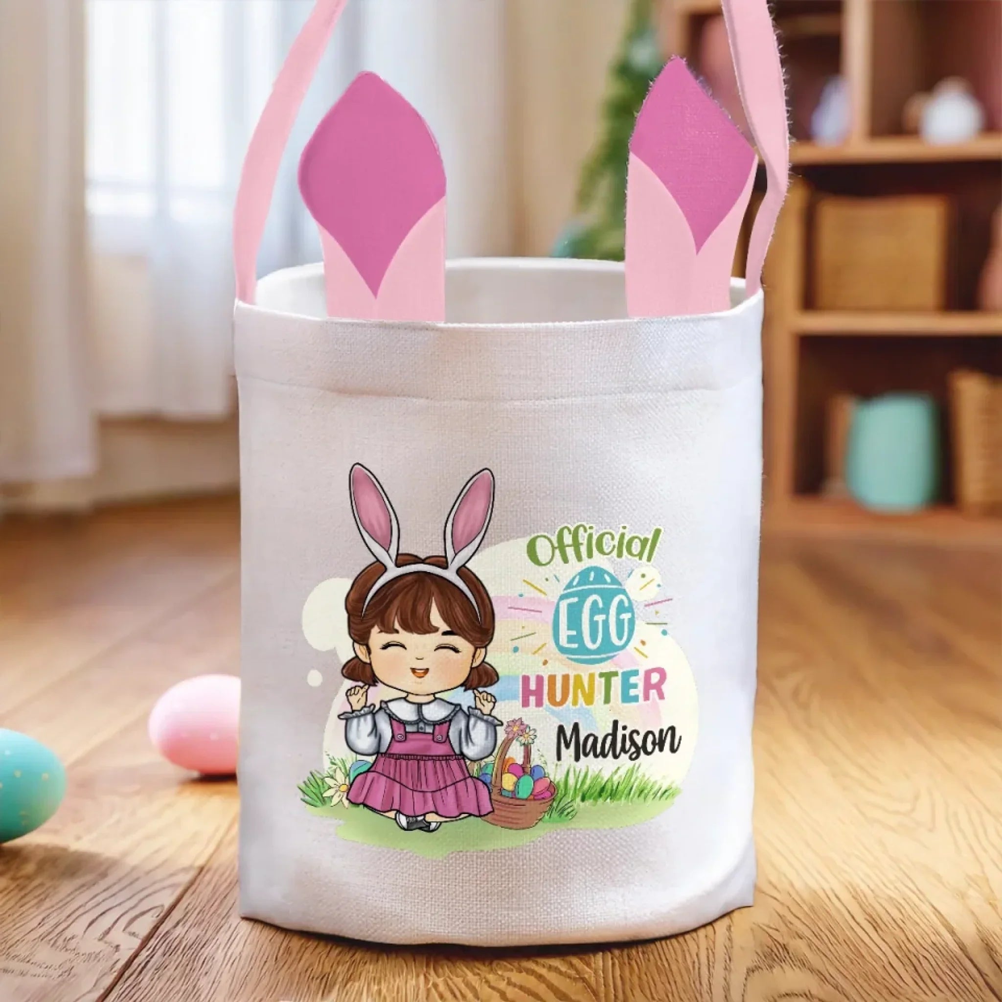 I'm An Official Egg Hunter - Family Personalized Custom Bunny Basket, Tote With Bunny Ears - Easter Gift For Kids Egg Hunt, Family Members