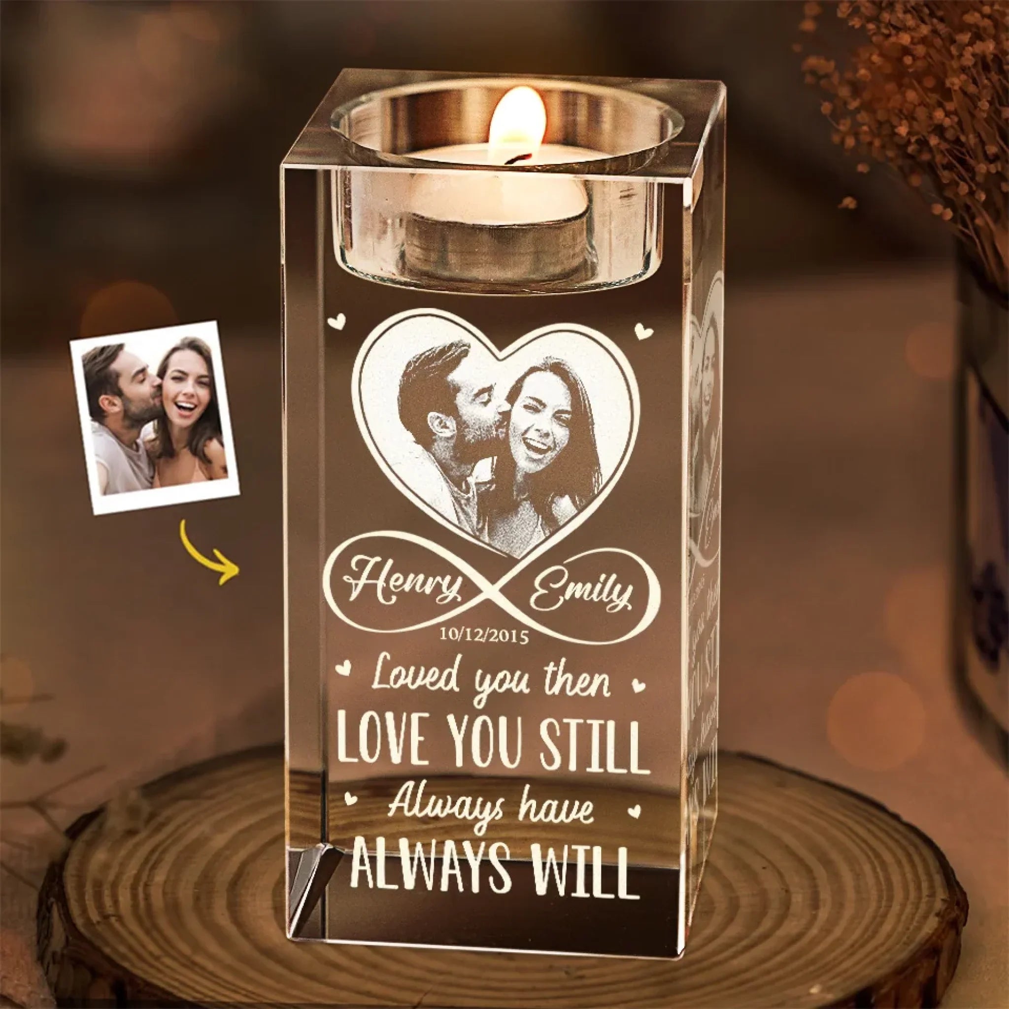 Custom Photo In Your Light, I Find Love - Couple Personalized Custom 3D Crystal Photo Laser Engraved, Crystal Candle Holder - Gift For Husband Wife, Anniversary