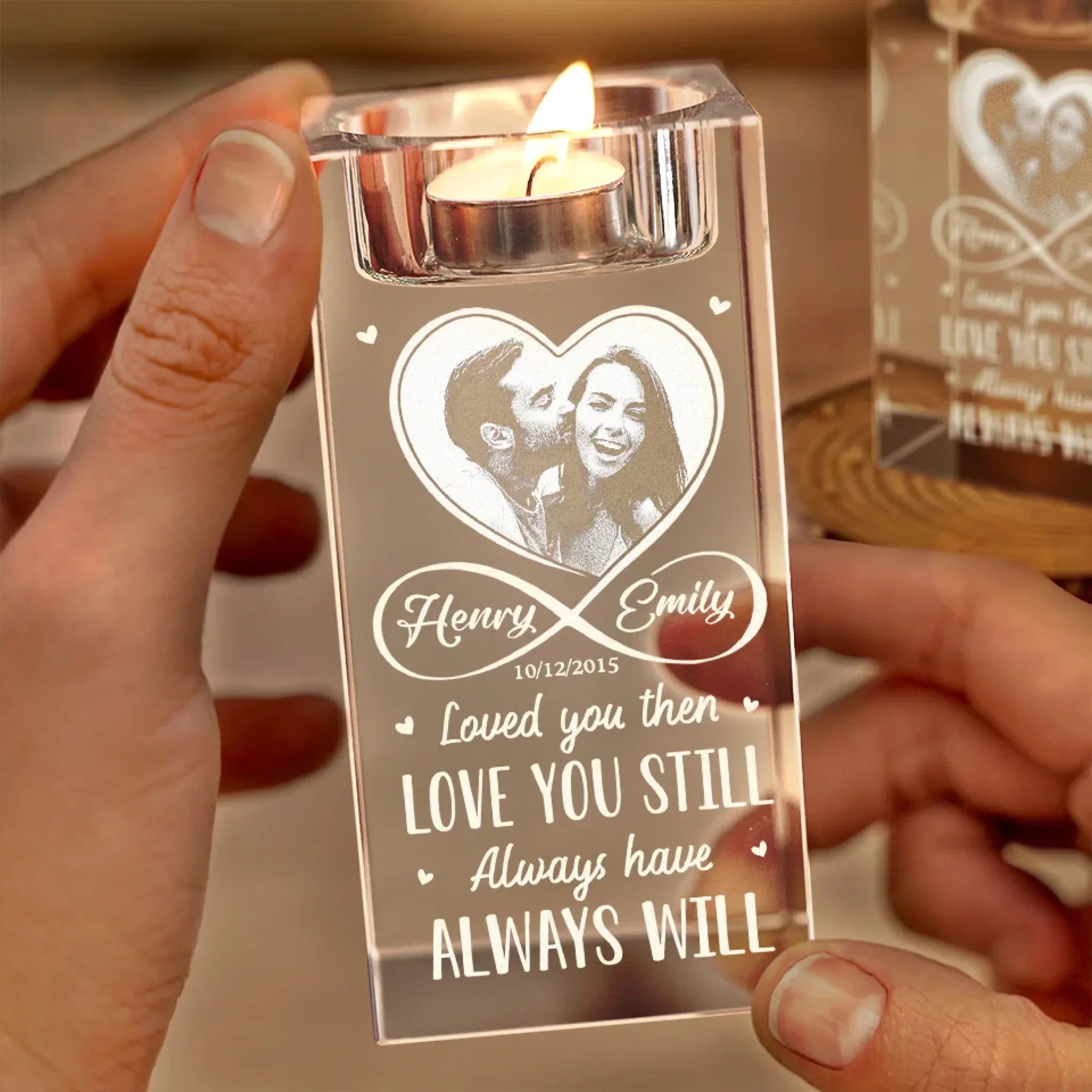 Custom Photo In Your Light, I Find Love - Couple Personalized Custom 3D Crystal Photo Laser Engraved, Crystal Candle Holder - Gift For Husband Wife, Anniversary