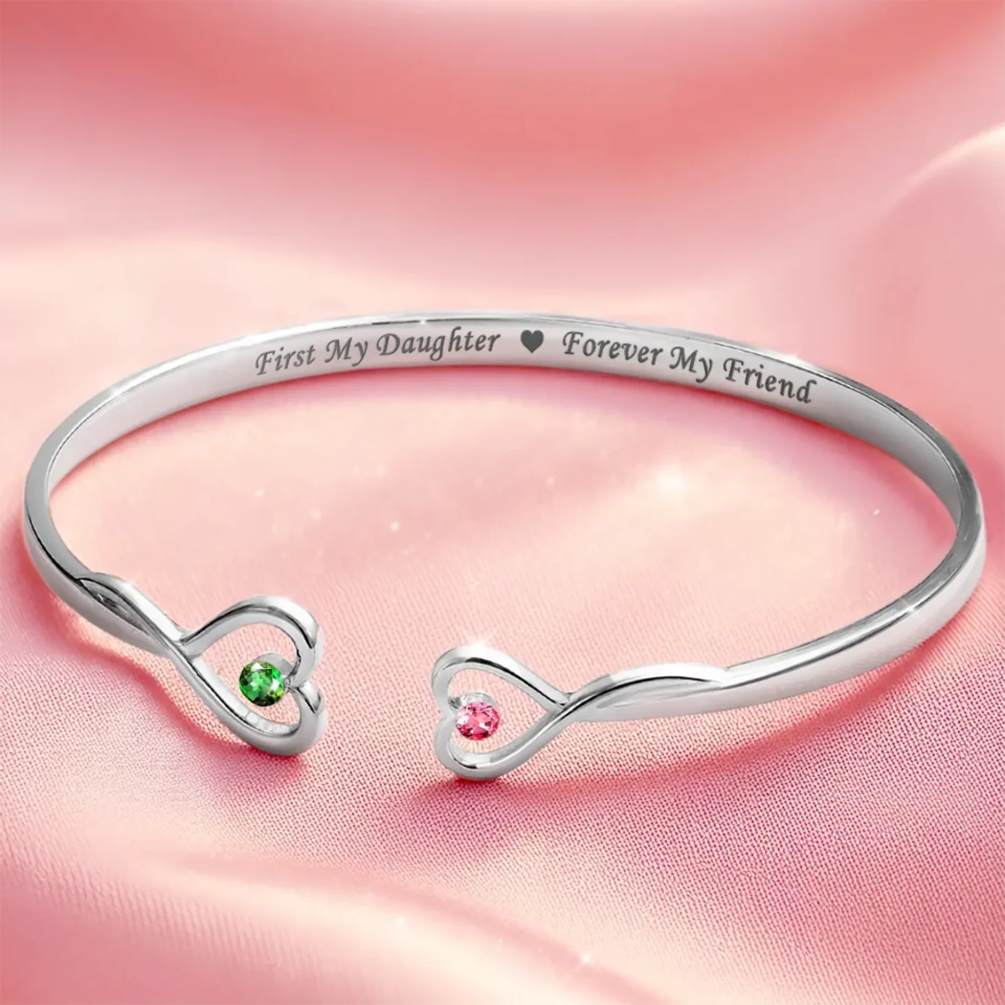 First My Mother, Forever My Friend - Family Personalized Custom Engraved Infinity Heart Bangle With Birthstones - Mother's Day, Gift For Mom, Daughter