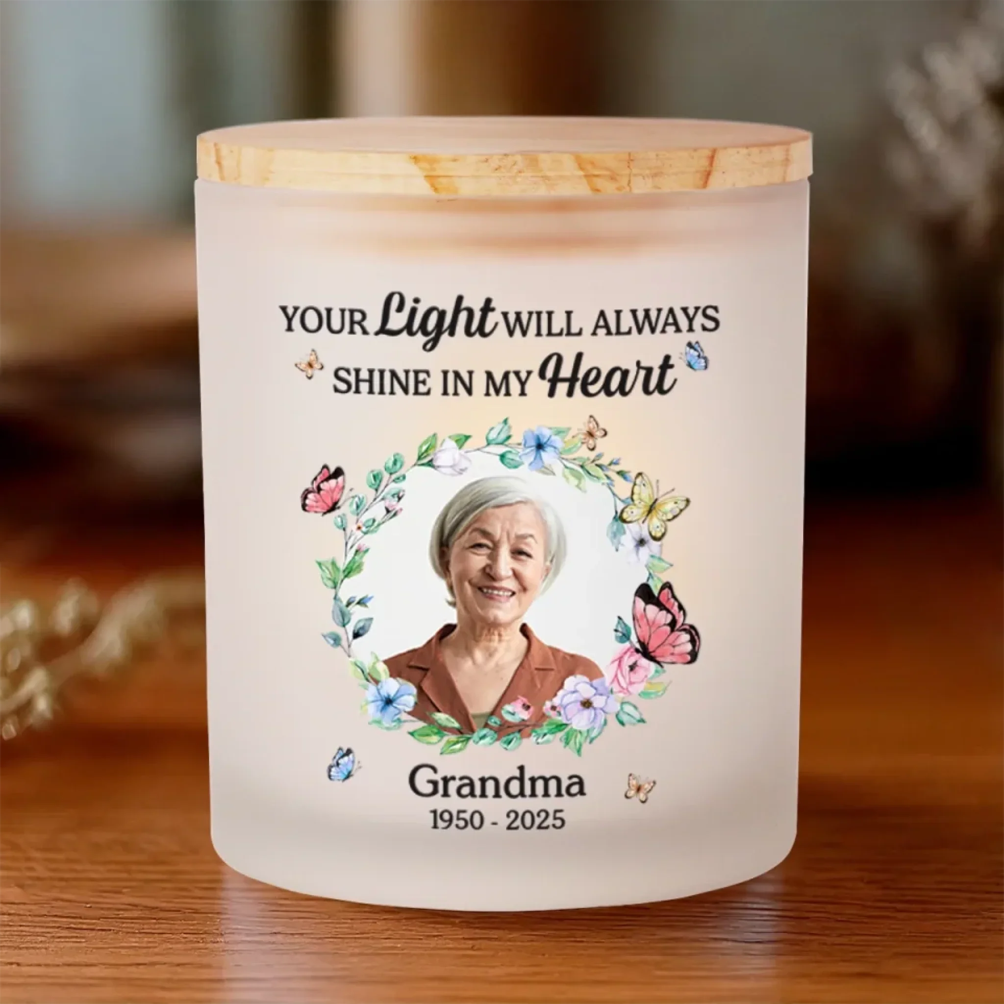 Custom Photo Your Light Will Always Shine - Memorial Personalized Custom Printed Glass Jar With LED Candle - Sympathy Gift For Family Members