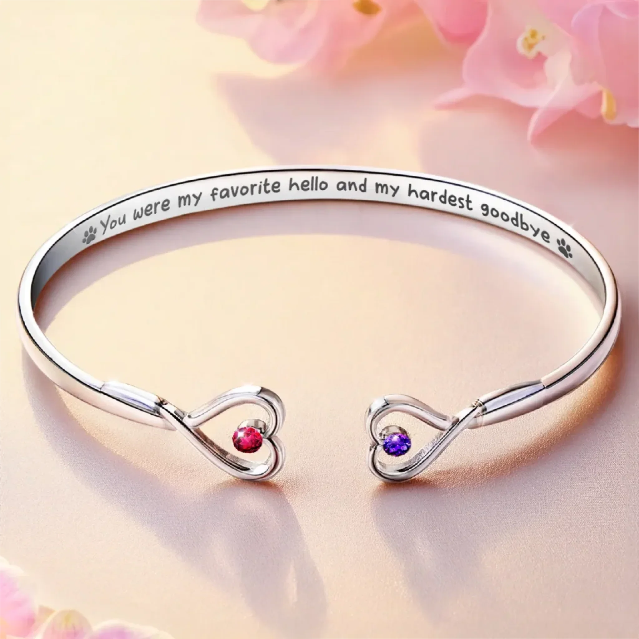 You Were My Favorite Hello And My Hardest Goodbye - Memorial Personalized Custom Engraved Infinity Heart Bangle With Birthstones - Sympathy Gift For Pet Owners, Pet Lovers