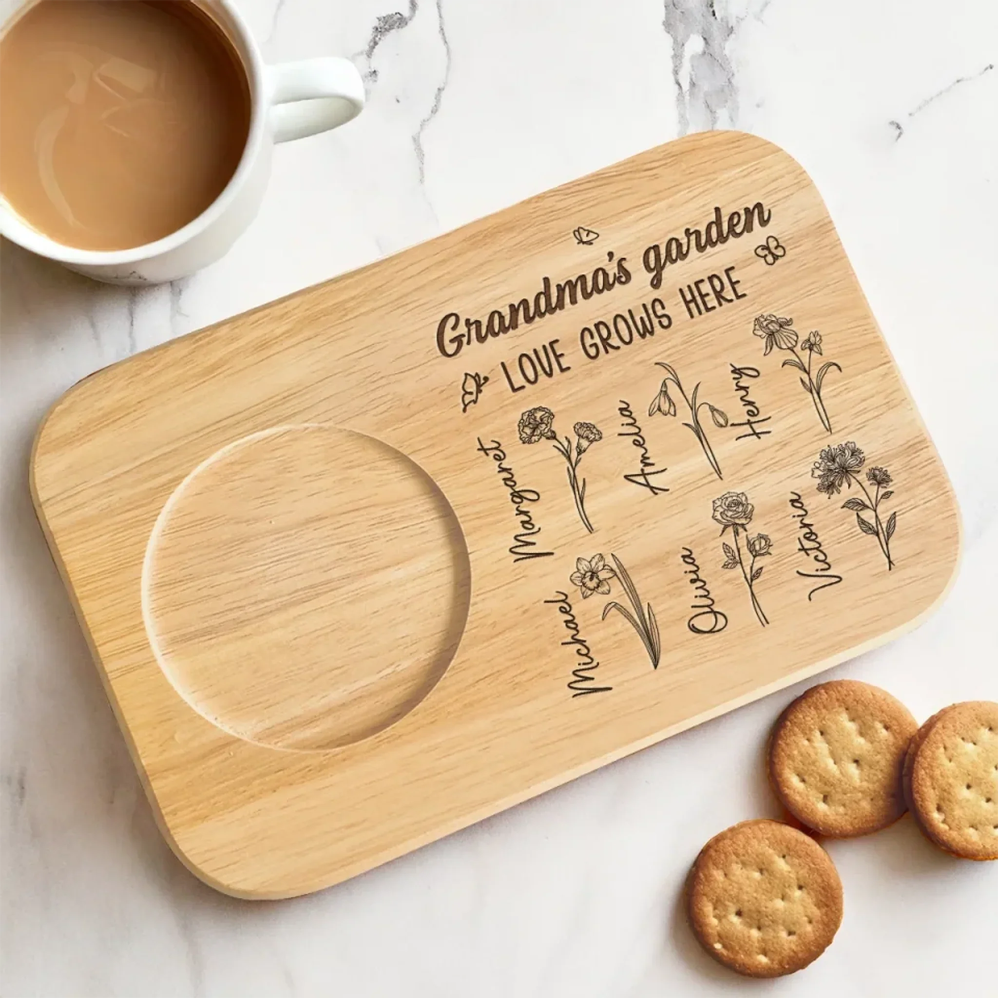 Grandma’s Love Blooms Forever - Family Personalized Custom Engraved Wooden Tea & Snack Board - Mother's Day, Gift For Mom, Grandma