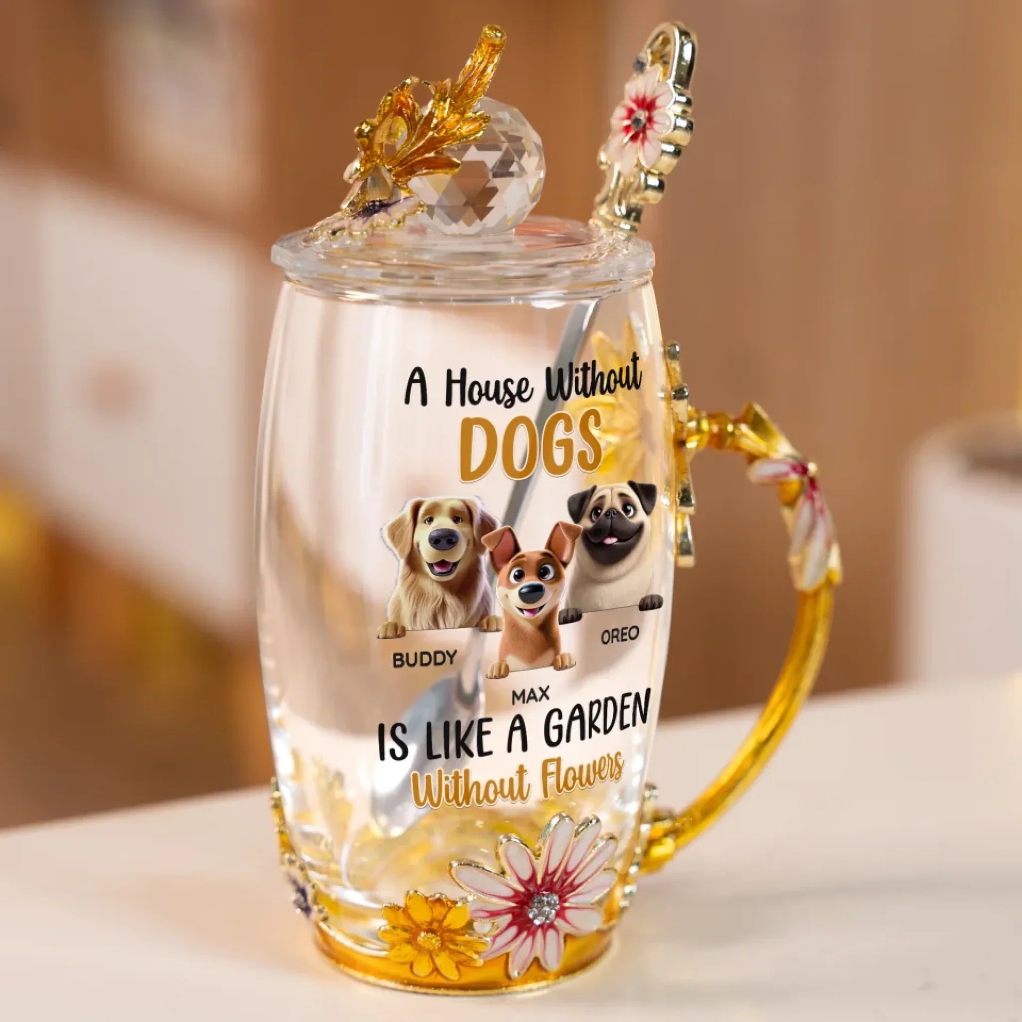 A House Without Dogs Is Like A Garden Without Flowers - Dog Personalized Custom Enamel Flower Tea Cup With Lid & Spoon - Gift For Pet Owners, Pet Lovers