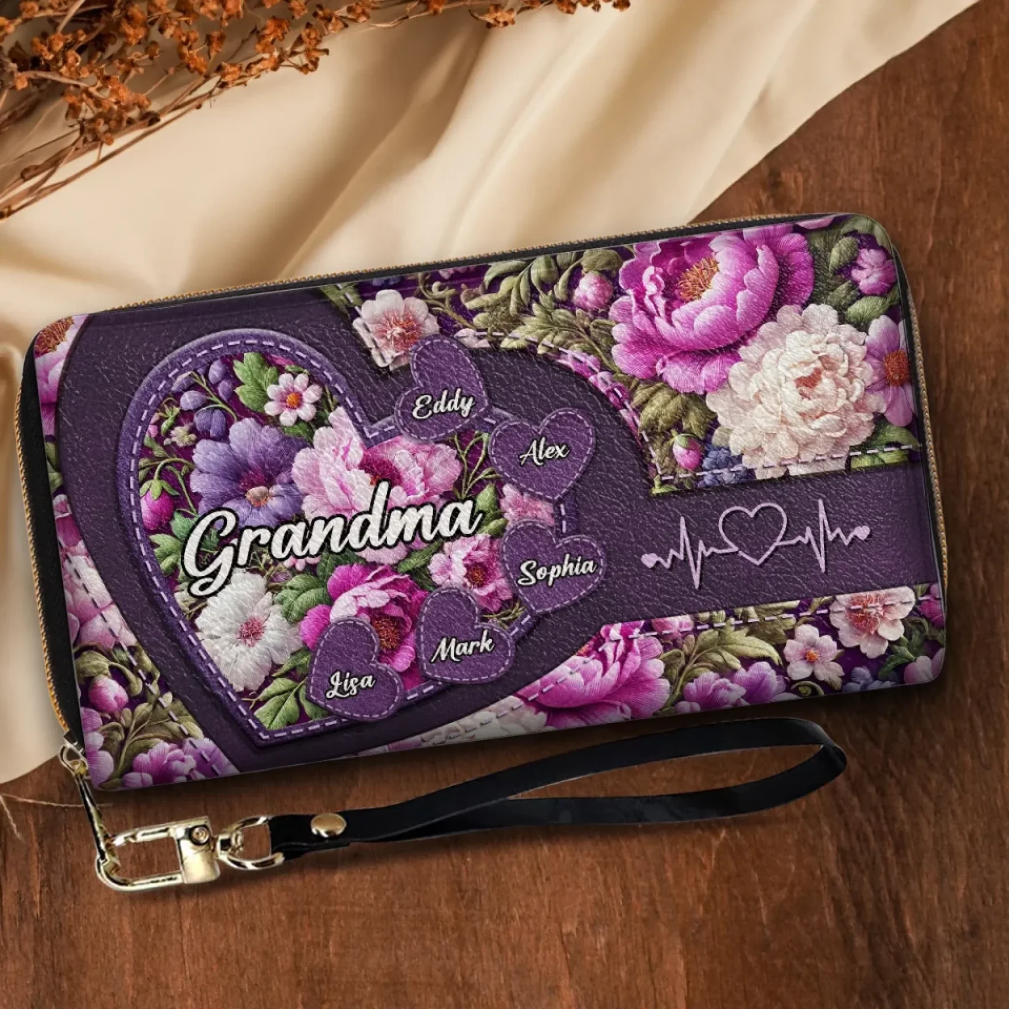 Grandma’s Heart, Where Love Always Blooms - Family Personalized Custom Leather Long Wallet - Mother's Day, Gift For Mom, Grandma
