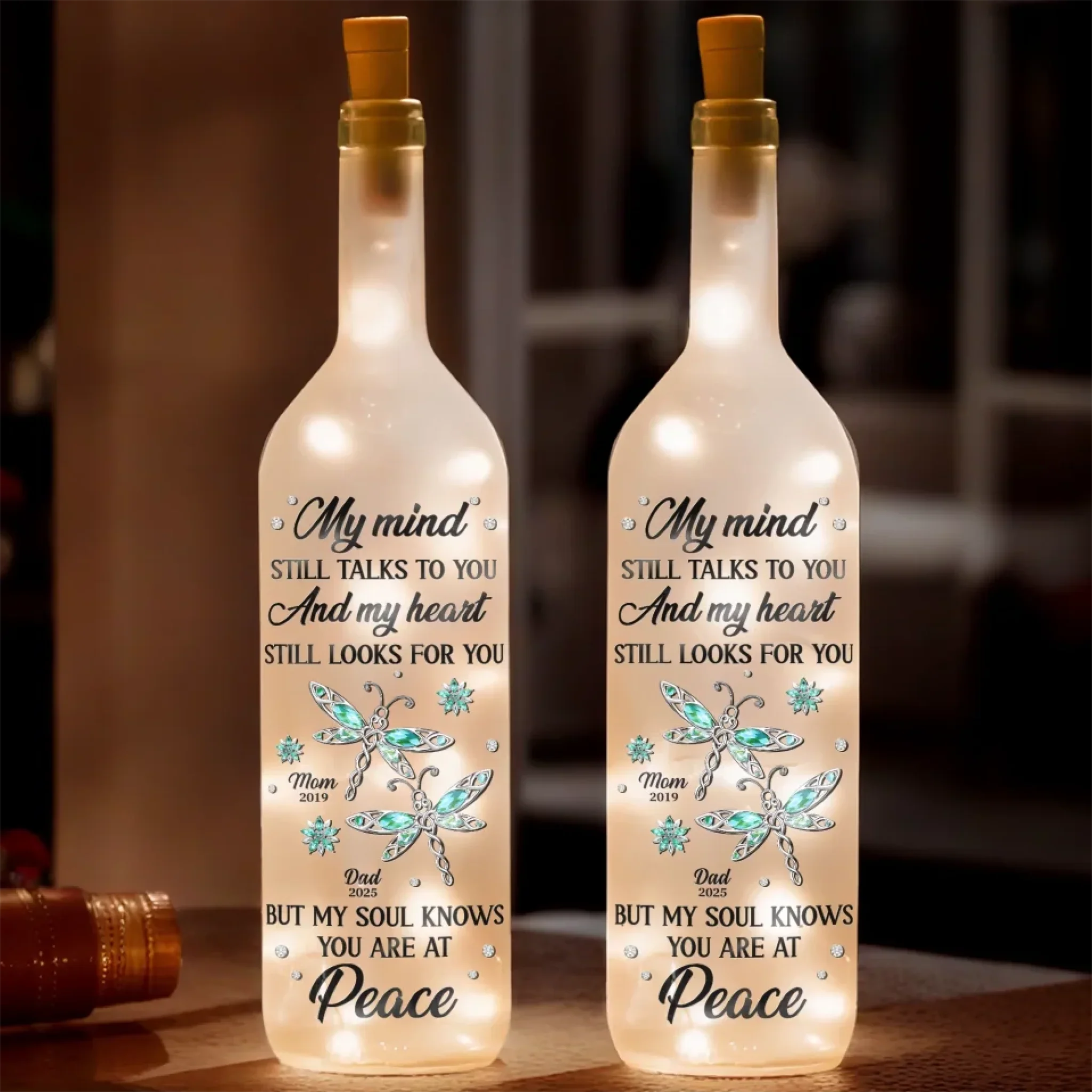 Peace Is Where You Now Rest - Memorial Personalized Custom Bottle Lamp - Sympathy Gift For Family Members