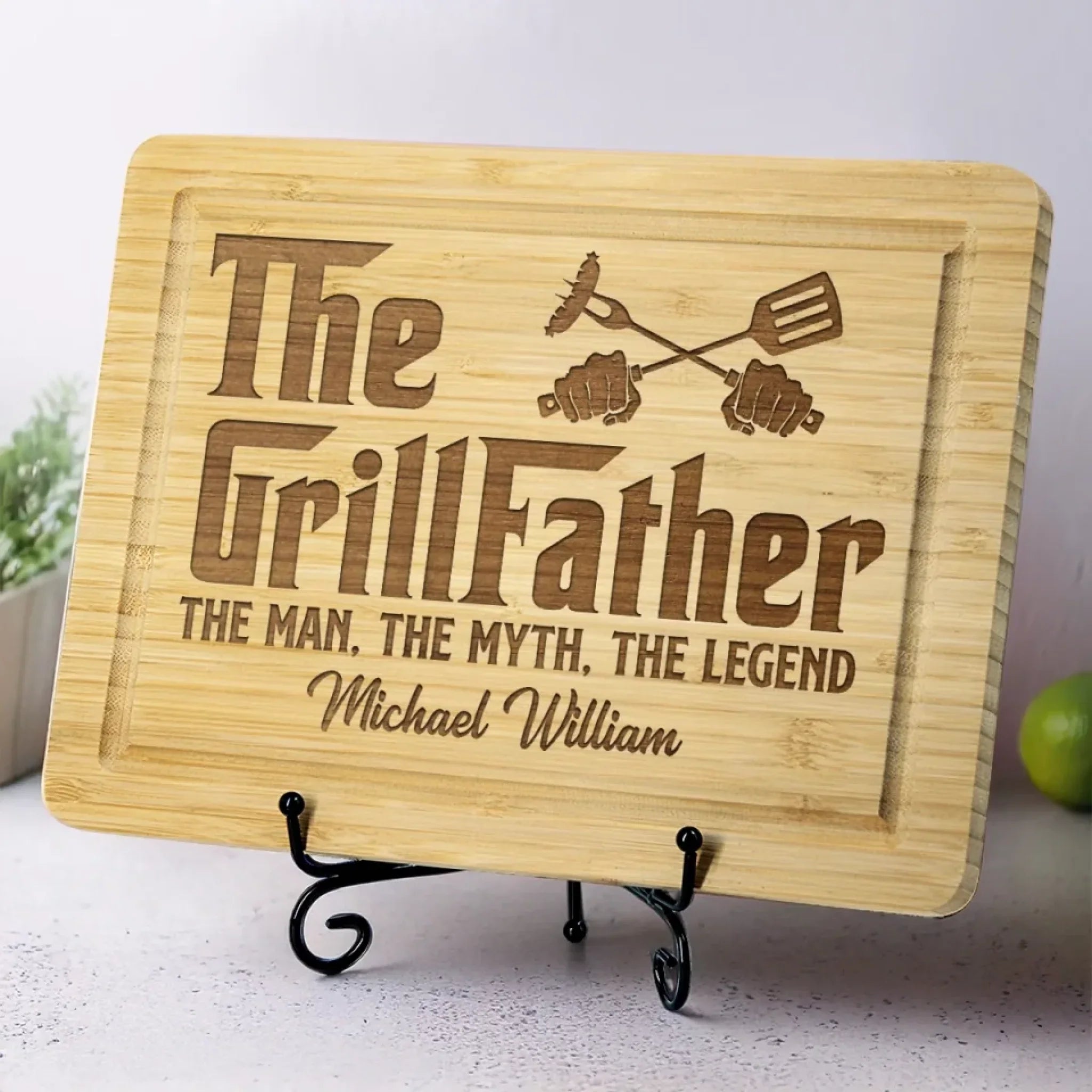 The Grillfather - Family Personalized Custom Engraved Wooden Cutting Board - Father's Day, Gift For Dad, Grandpa