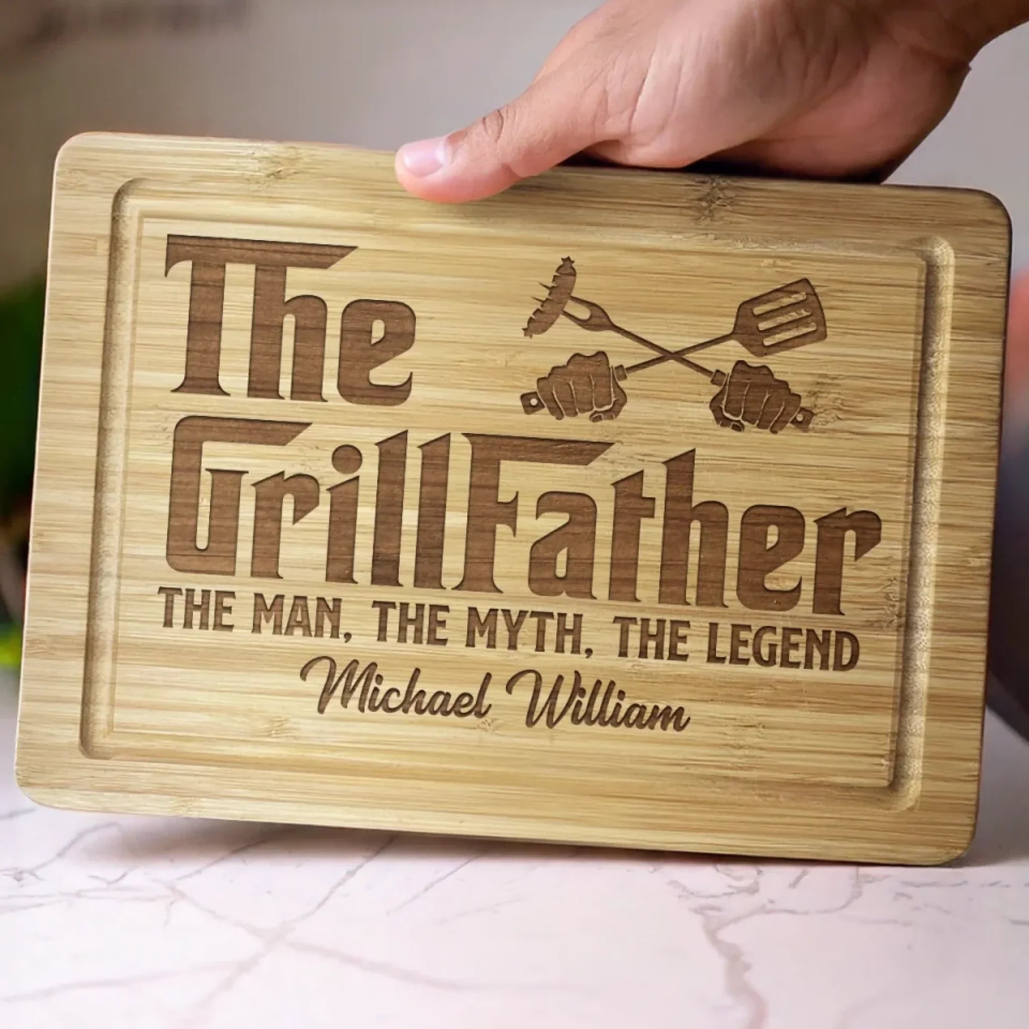 The Grillfather - Family Personalized Custom Engraved Wooden Cutting Board - Father's Day, Gift For Dad, Grandpa