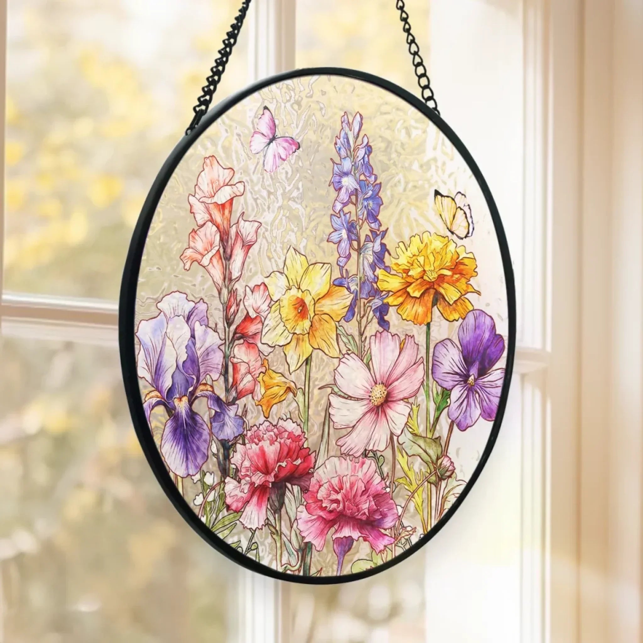 Her Love Blooms In Every Season - Family Personalized Custom Stained Glass Window Hanging Suncatcher - Mother's Day, Gift For Mom, Grandma