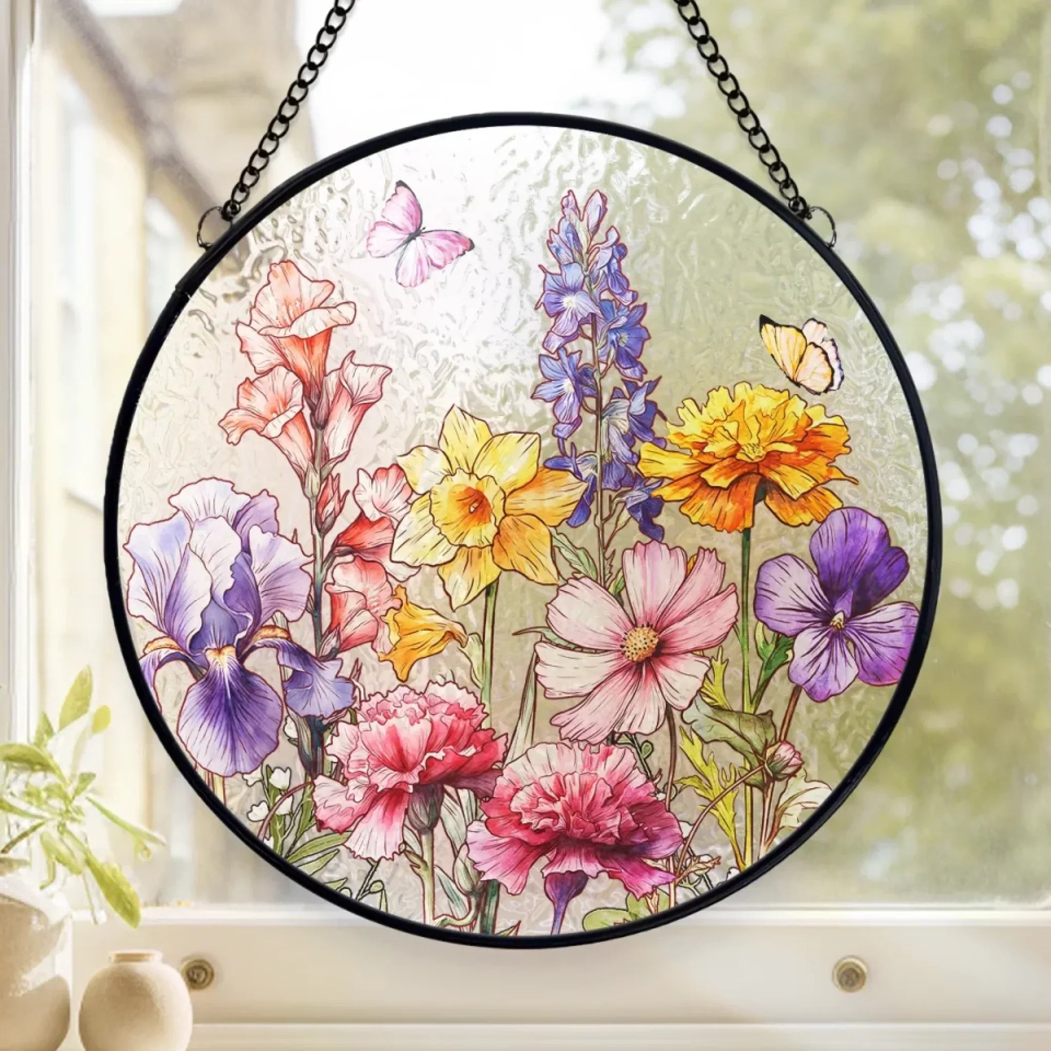 Her Love Blooms In Every Season - Family Personalized Custom Stained Glass Window Hanging Suncatcher - Mother's Day, Gift For Mom, Grandma