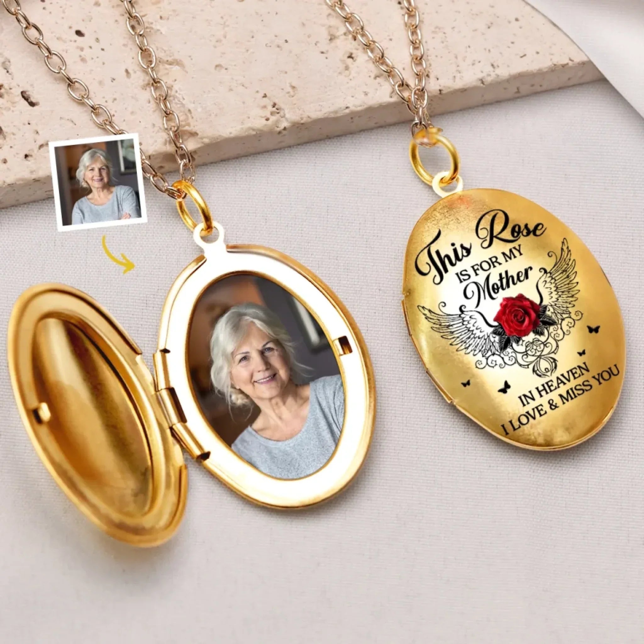 Custom Photo This Rose Is For My Mother In Heaven - Memorial Personalized Custom Locket Necklace - Sympathy Gift For Family Members