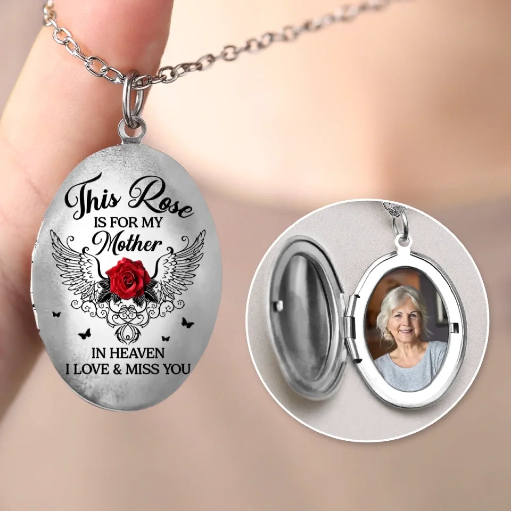 Custom Photo This Rose Is For My Mother In Heaven - Memorial Personalized Custom Locket Necklace - Sympathy Gift For Family Members