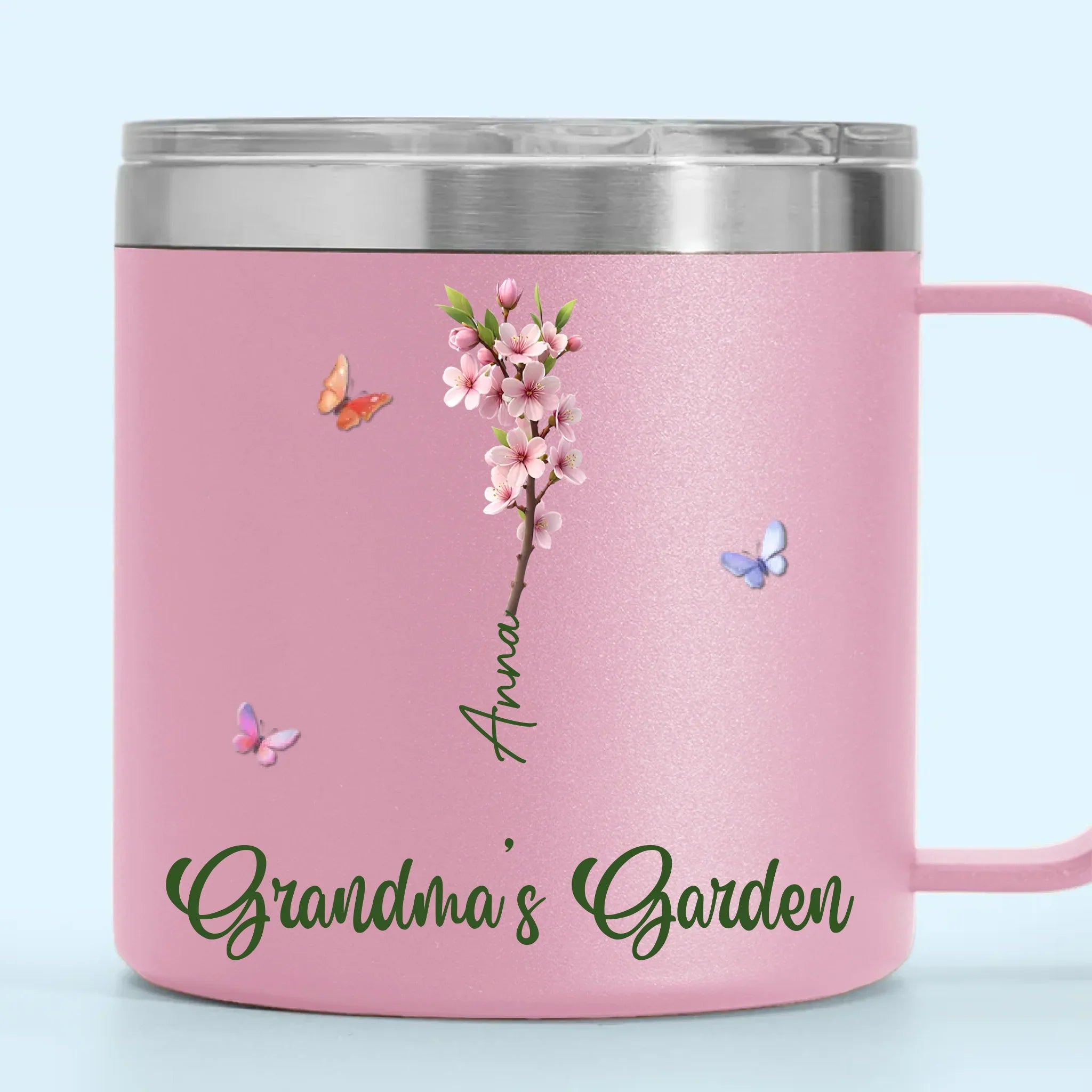 Her Garden Grows With Laughter & Little Feet - Family Personalized Custom 14oz Stainless Steel Tumbler With Handle - Mother's Day, Gift For Mom, Grandma