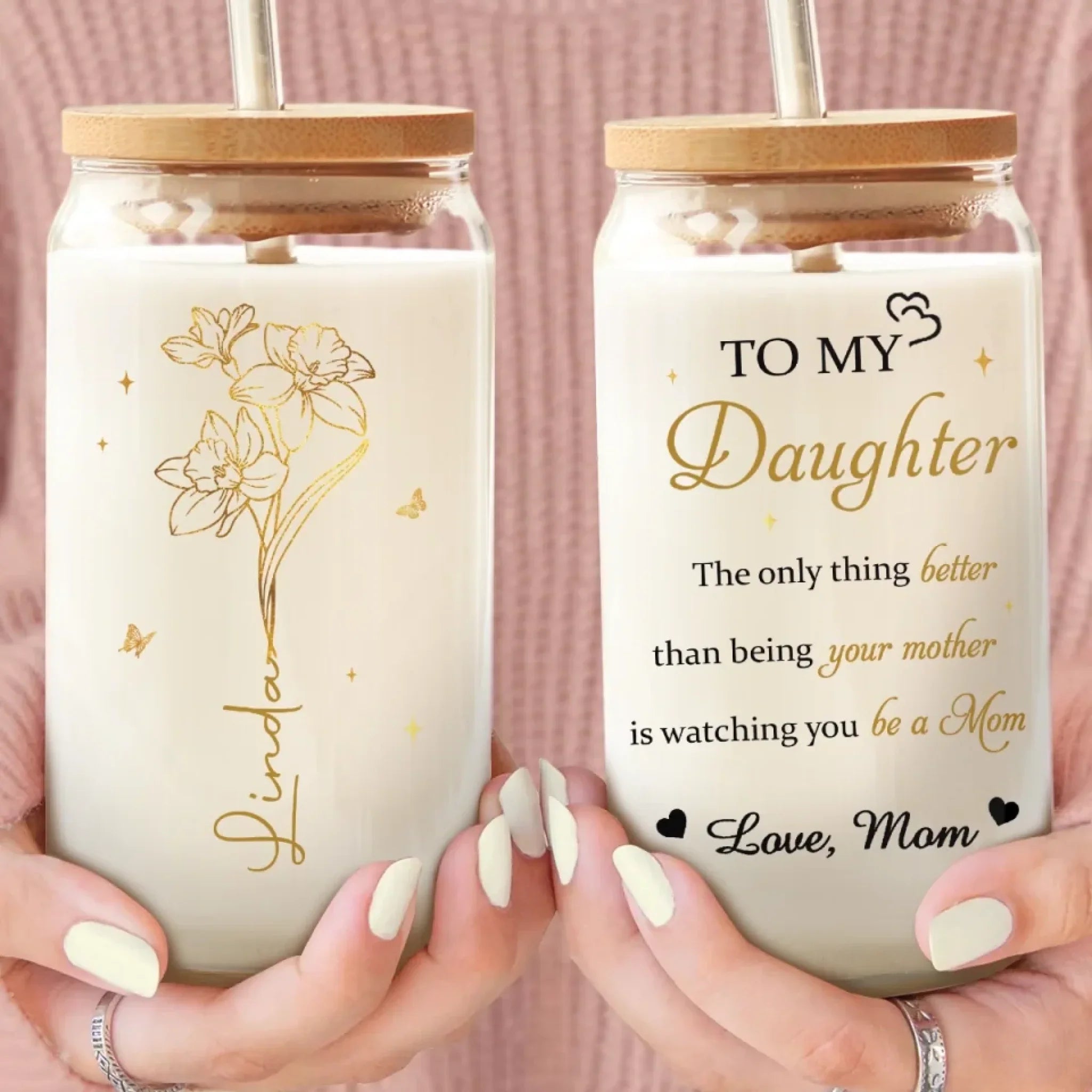Her Love Blossoms Endlessly - Family Personalized Custom Glass Cup, Iced Coffee Cup - Mother's Day, Gift For Mom, Daughter