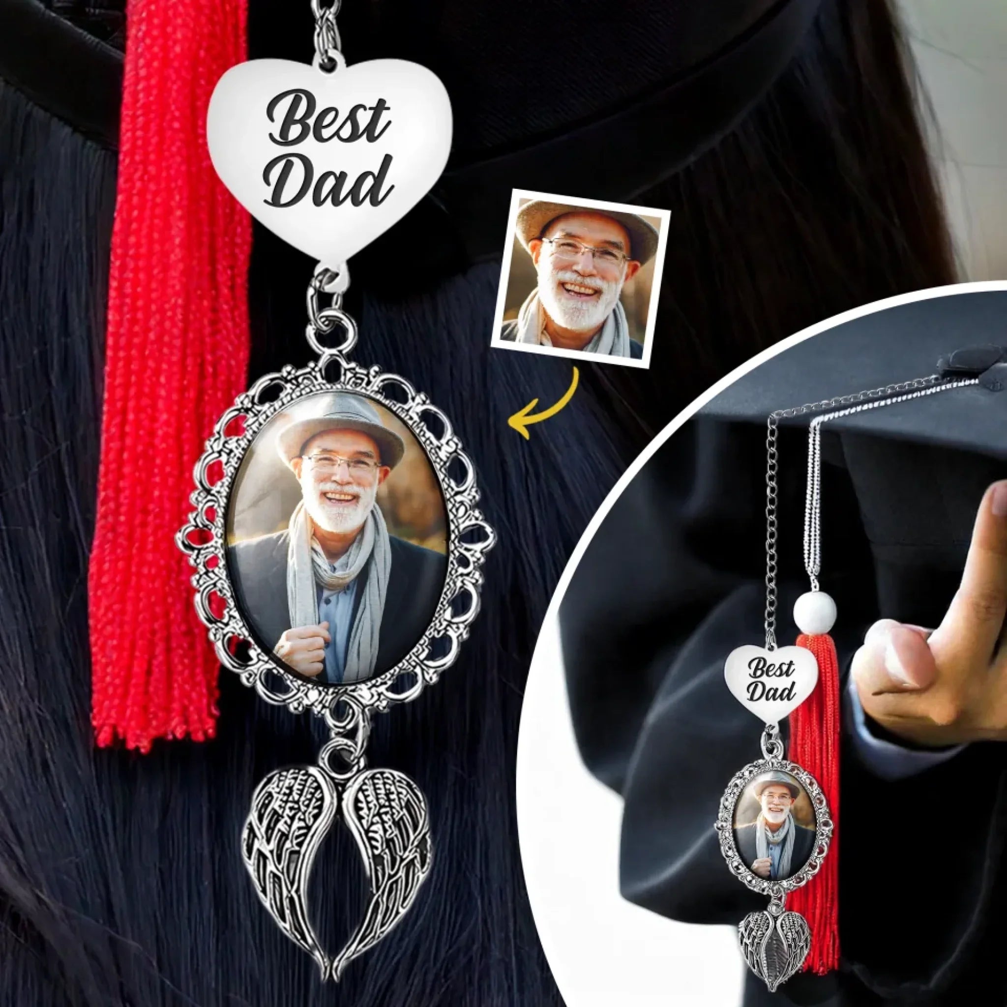Custom Photo Forever In My Heart - Memorial Personalized Custom Graduation Tassel Heart & Angel Wing Charm - Sympathy Gift For Family Members