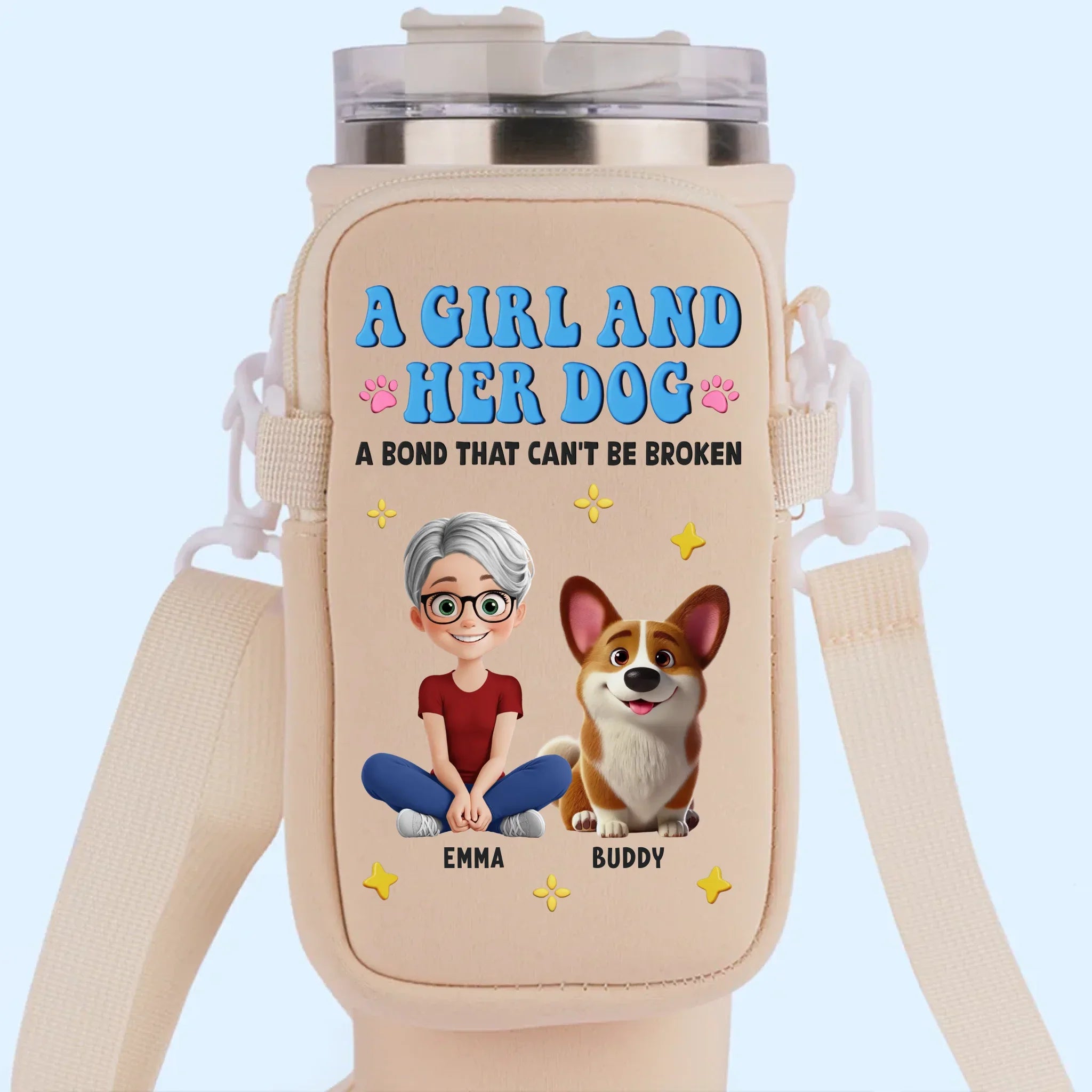 Mud On Her Shoes, Love On Her Face - Dog & Cat Personalized Custom Neoprene Water Bottle Carrier With Pocket - Mother's Day, Gift For Pet Owners, Pet Lovers