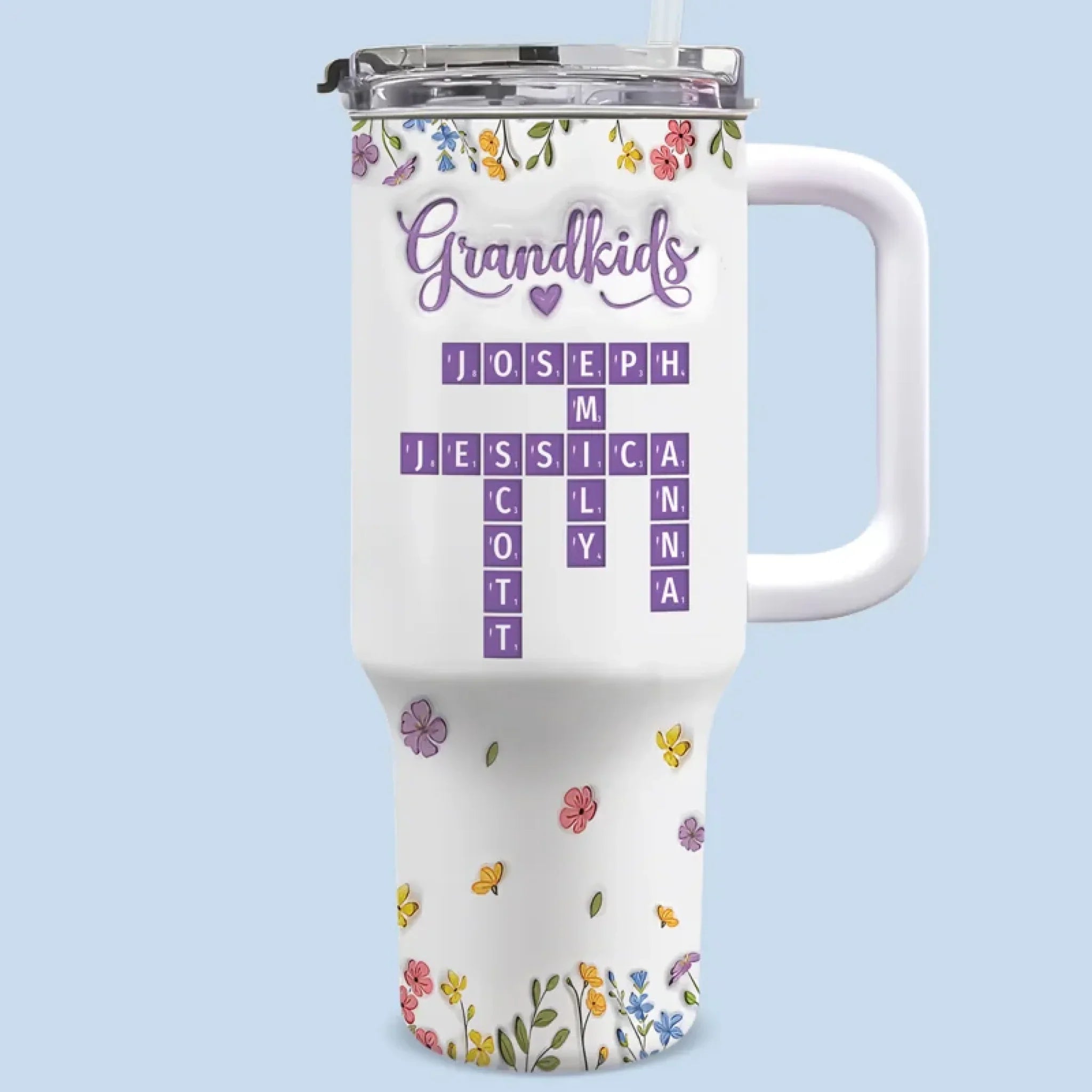 My Heart In Crossword Form - Family Personalized Custom 3D Inflated Effect Printed 40 Oz Stainless Steel Tumbler With Handle - Mother's Day, Gift For Mom, Grandma