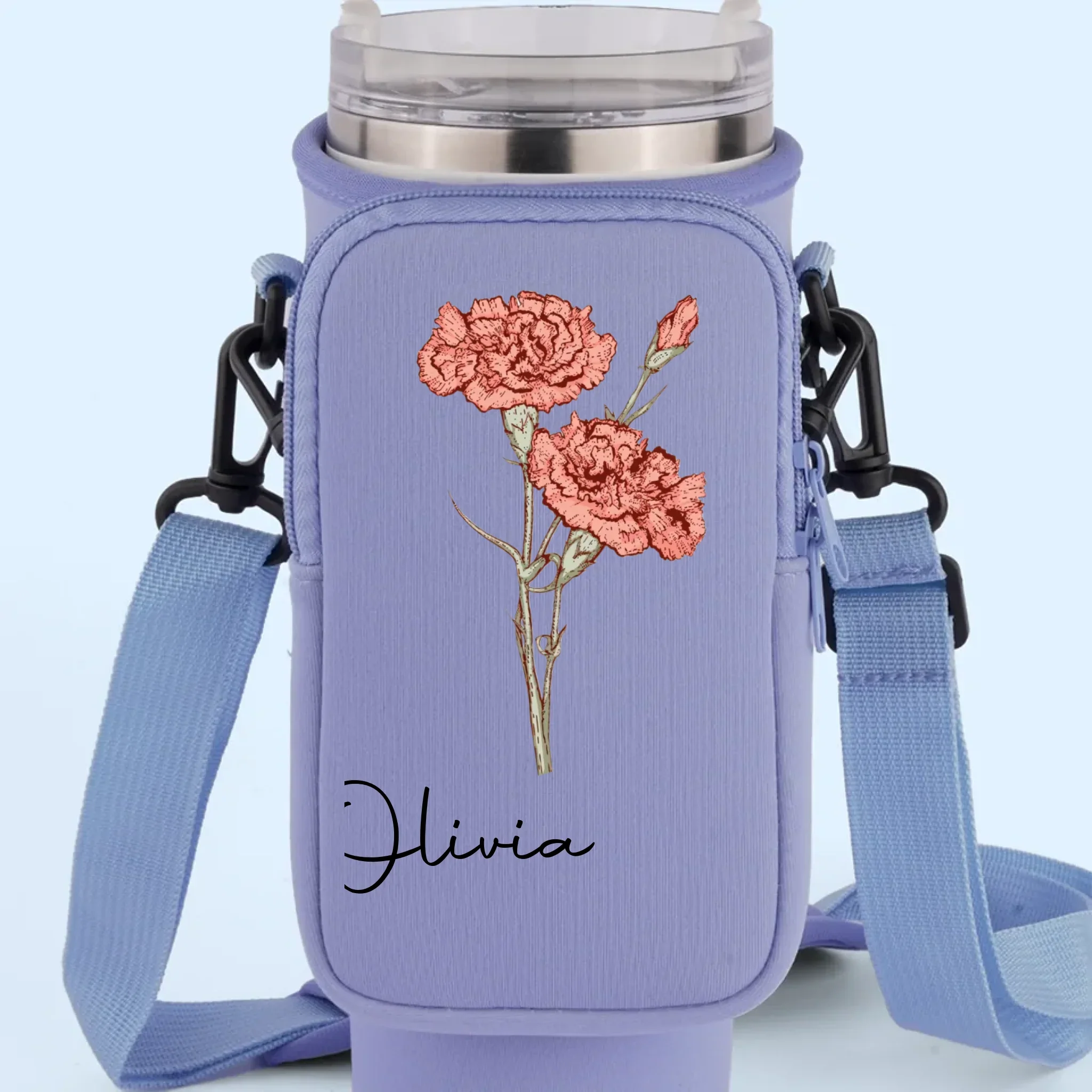 Grow Strong, Flourish Like A Flower - Family Personalized Custom Neoprene Water Bottle Carrier With Pocket - Gift For Yourself, Best Friends, Siblings, Family Members