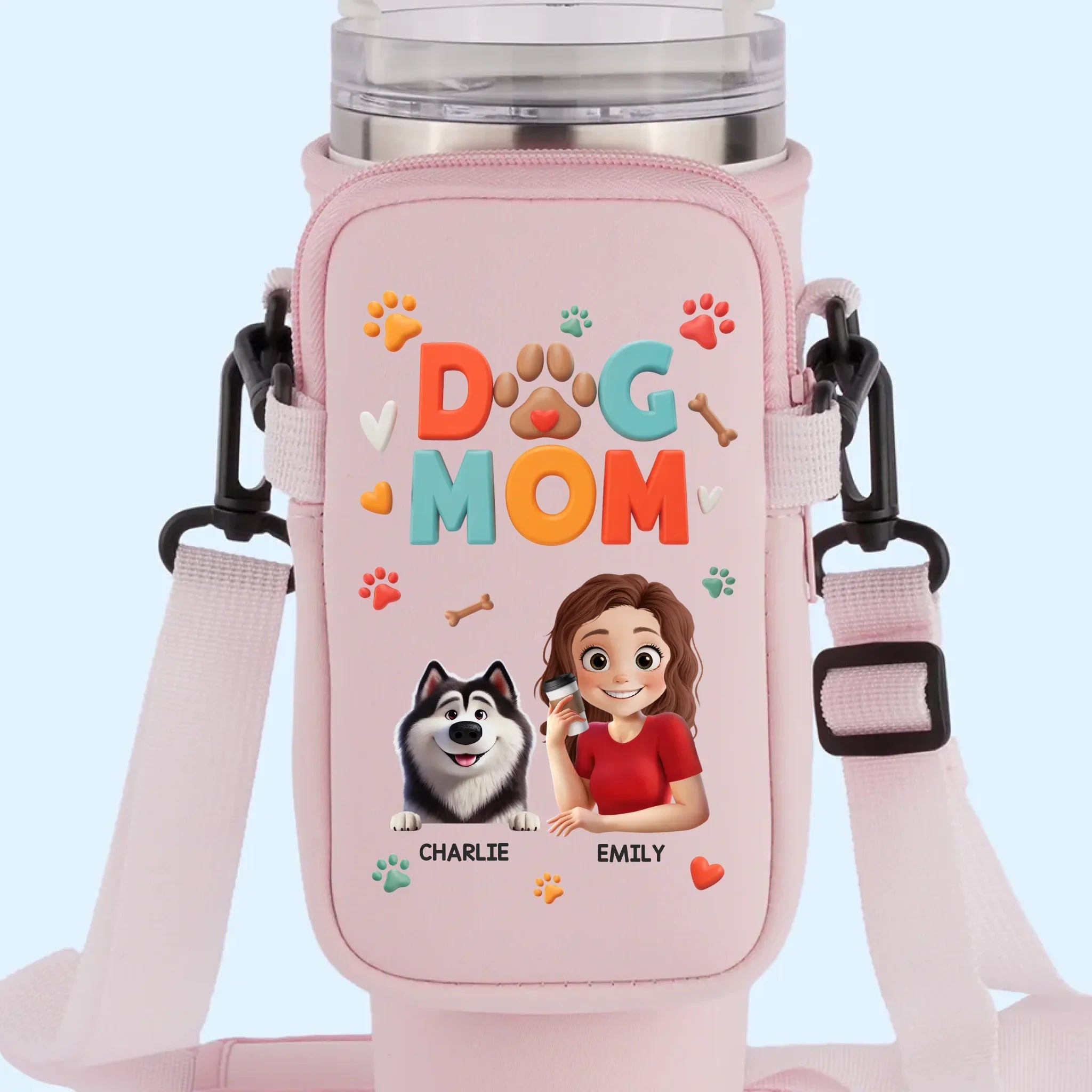 Dog Mom Vibes Only - Dog Personalized Custom Neoprene Water Bottle Carrier With Pocket - Mother's Day, Gift For Pet Owners, Pet Lovers