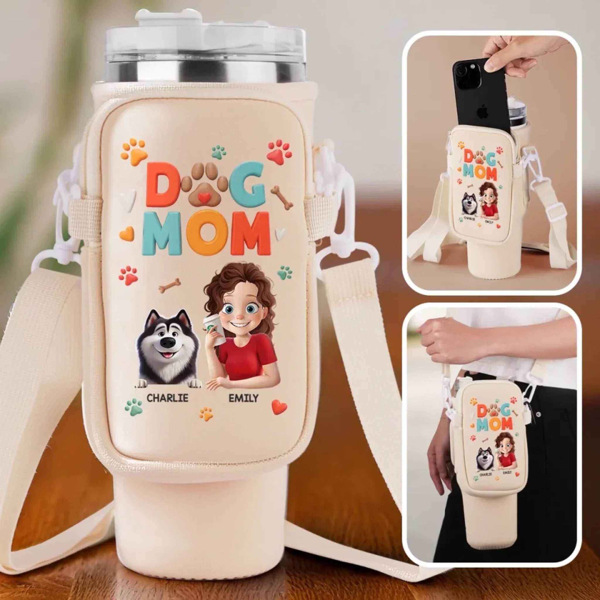Dog Mom Vibes Only - Dog Personalized Custom Neoprene Water Bottle Carrier With Pocket - Mother's Day, Gift For Pet Owners, Pet Lovers
