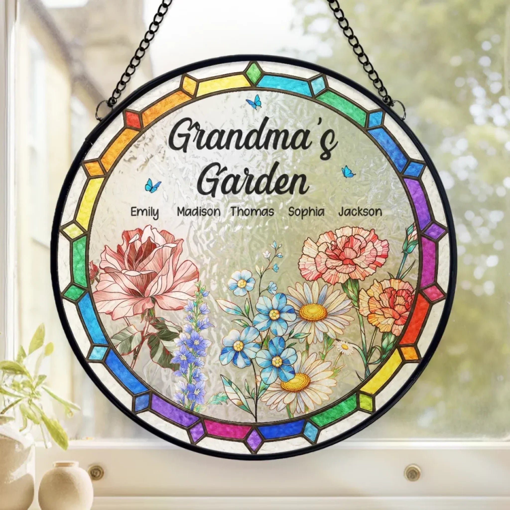 Grandma's Favorite Garden - Family Personalized Custom Stained Glass Window Hanging Suncatcher - Mother's Day, Gift For Mom, Grandma
