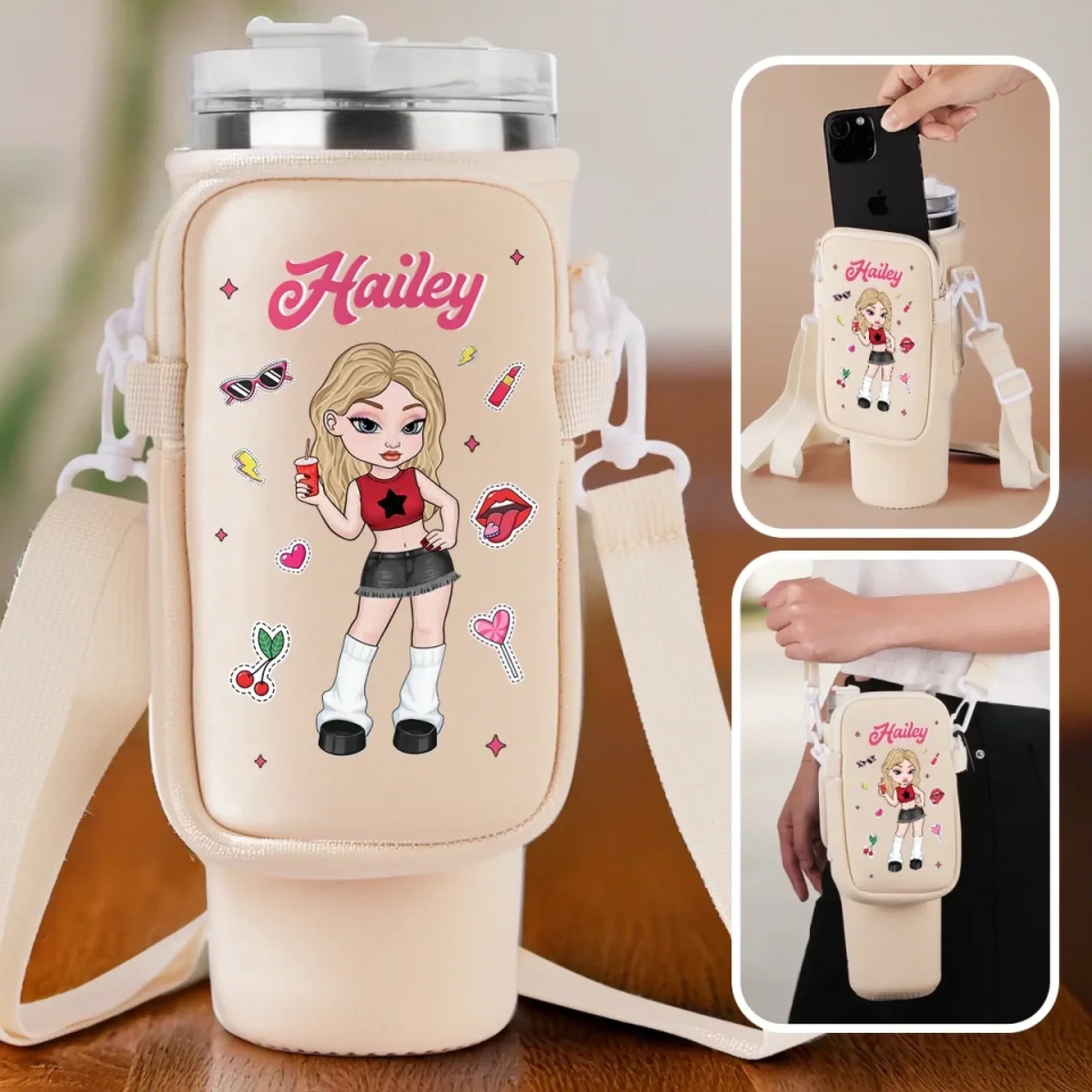 Soft Smile, Savage Style - Family Personalized Custom Neoprene Water Bottle Carrier With Pocket - Gift For Yourself, Best Friends, Siblings, Family Members