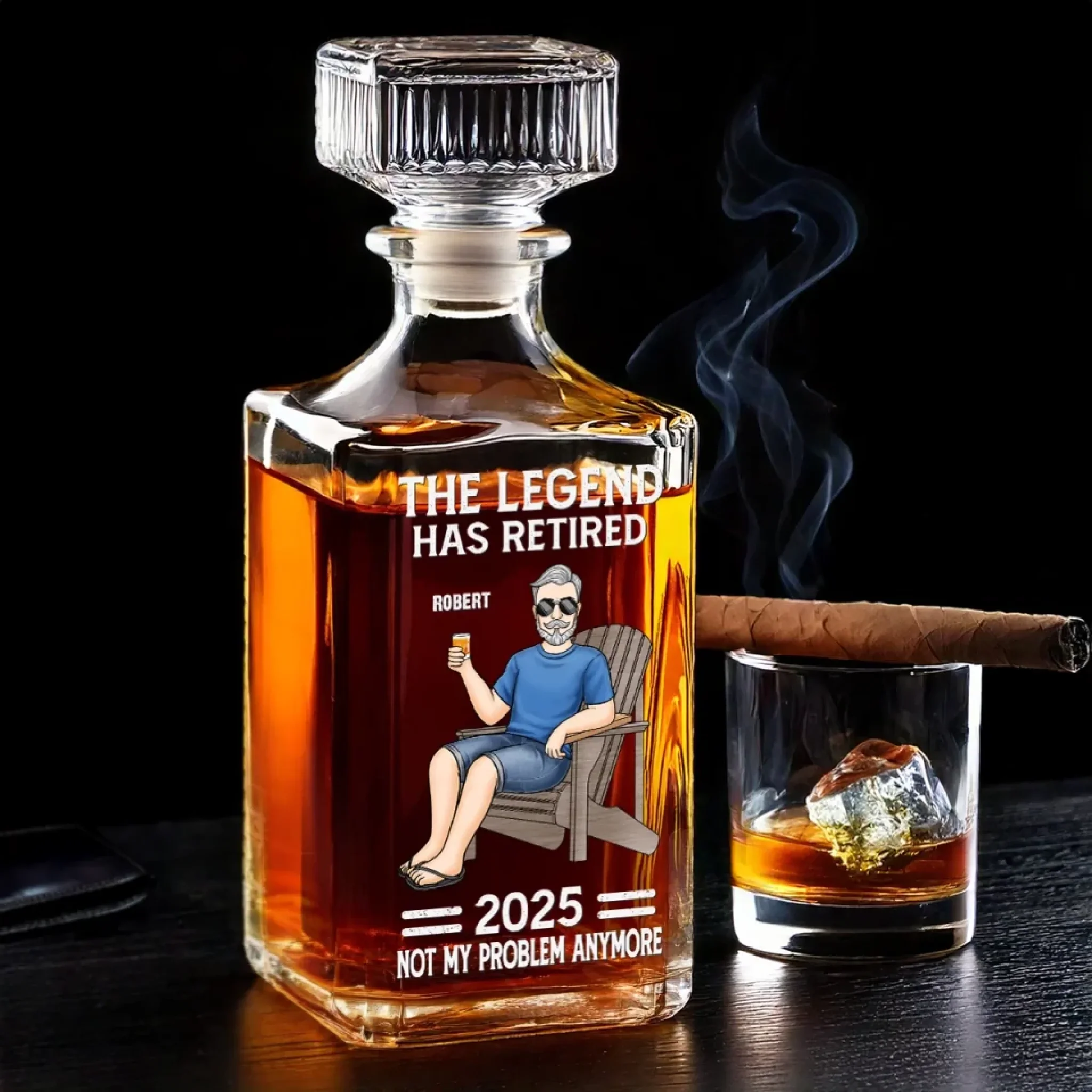 Off The Clock On The Rocks - Family Personalized Custom Glass Whiskey Bottle - Father's Day, Gift For Dad, Grandpa